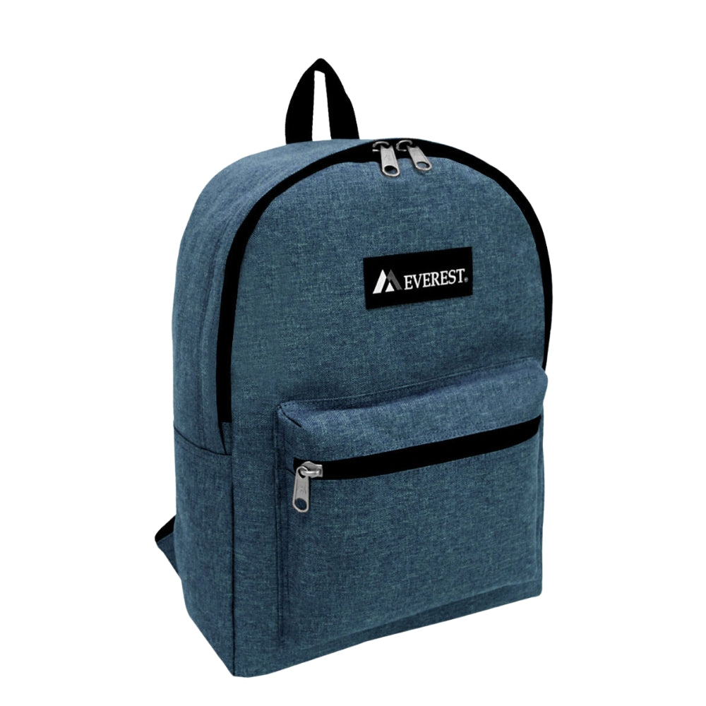 Basic Denim Backpack featuring a color block design, spacious main compartment, and front zippered pocket, made from durable 600D polyester.