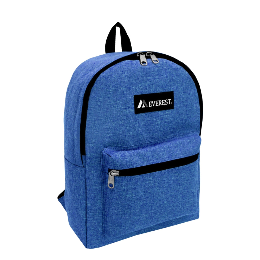 Basic Denim Backpack featuring a color block design, spacious main compartment, and front zippered pocket, made from durable 600D polyester.