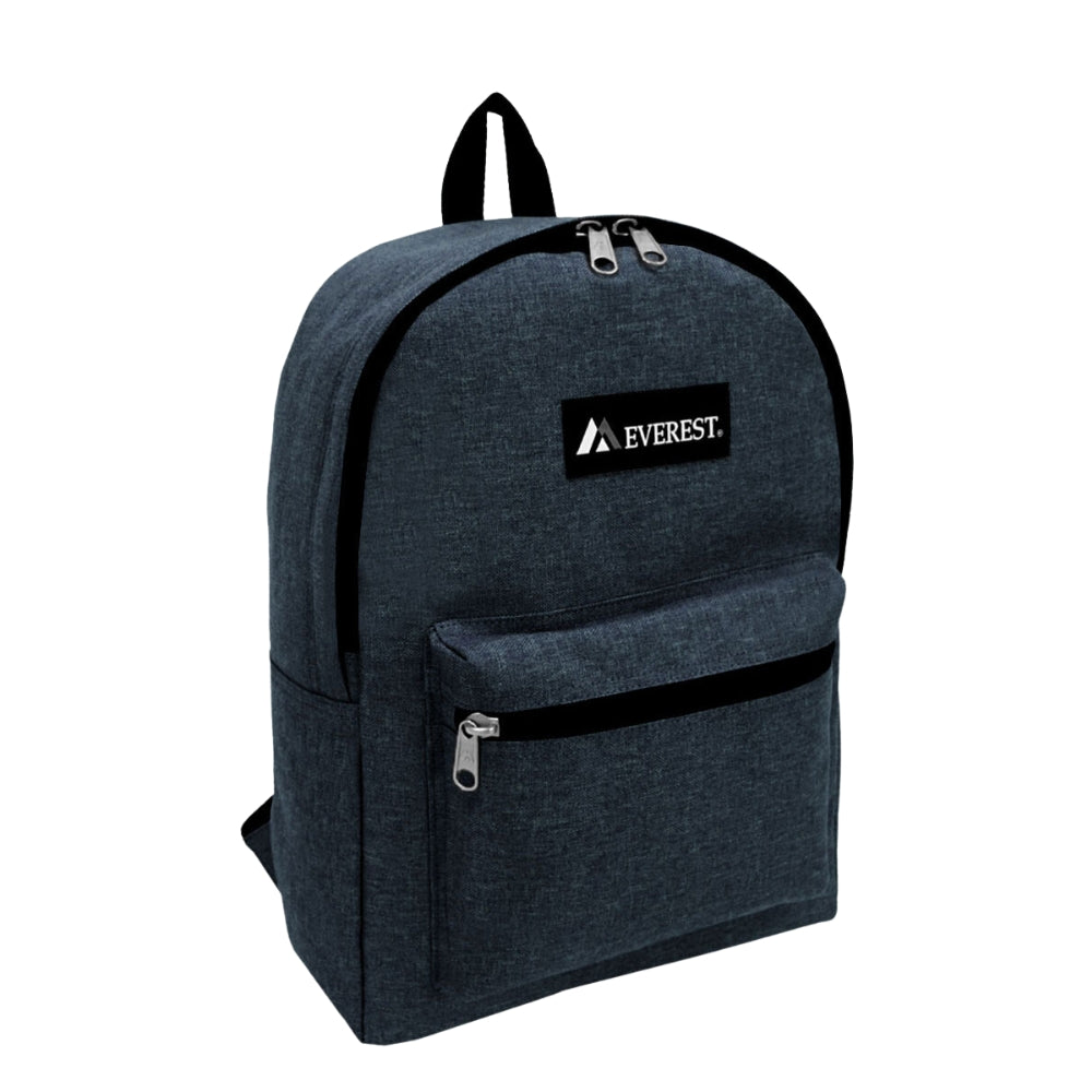 Basic Denim Backpack featuring a color block design, spacious main compartment, and front zippered pocket, made from durable 600D polyester.