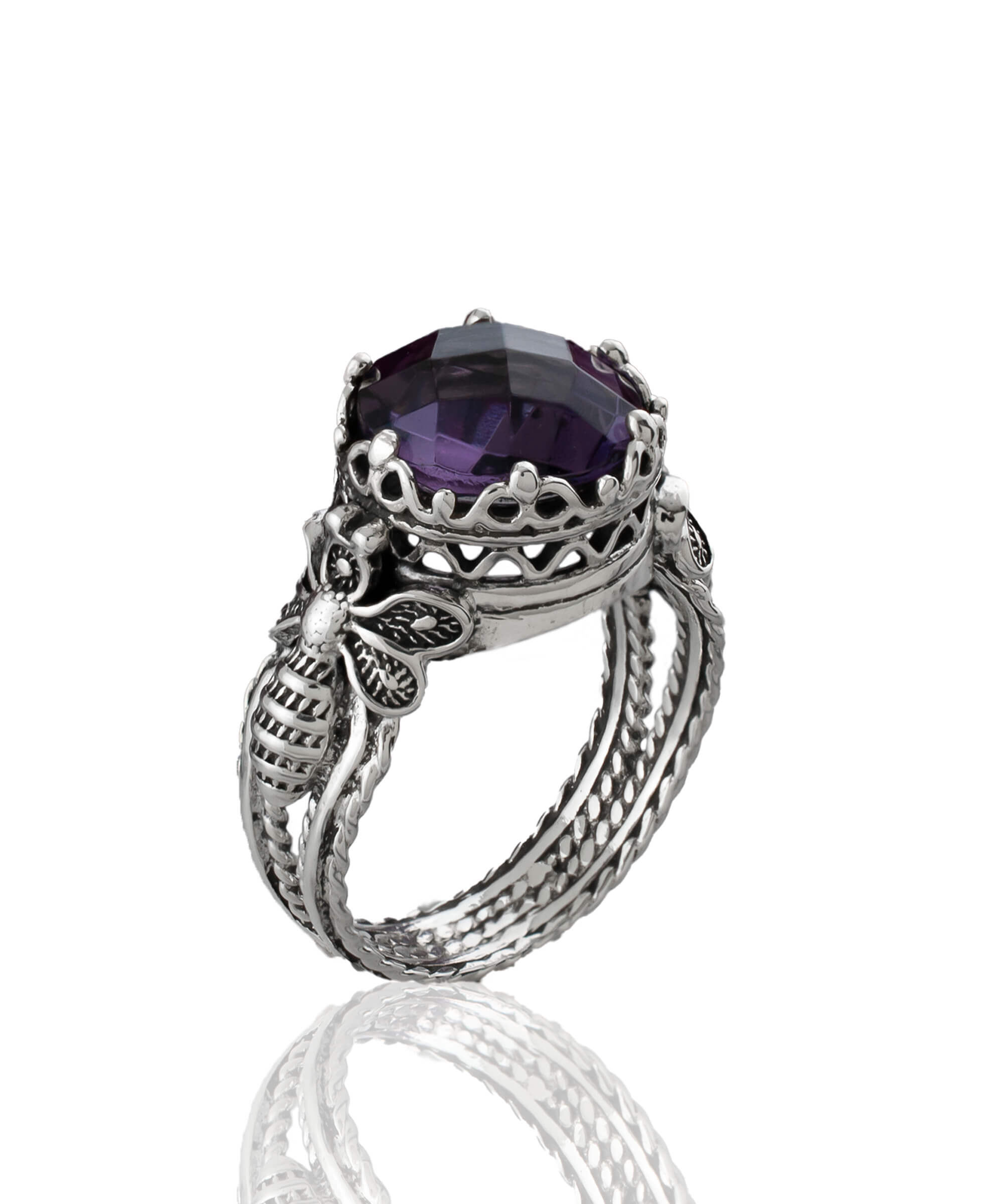 Bee Detailed Amethyst Gemstone Filigree Art Silver Cocktail Ring featuring intricate design and a vibrant purple gemstone.