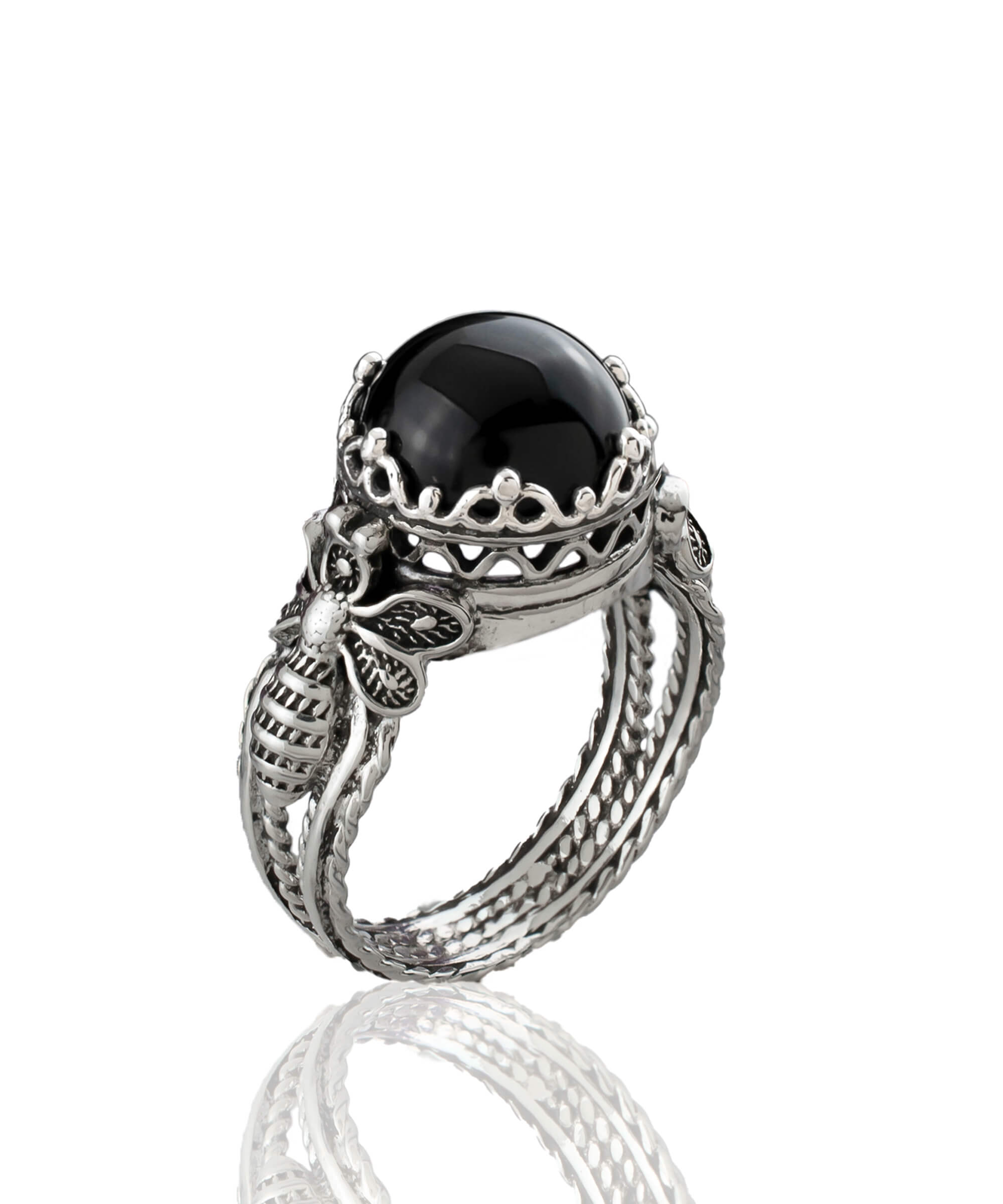 Elegant Black Onyx Gemstone Filigree Art Cocktail Ring in 925 sterling silver with a bee design.