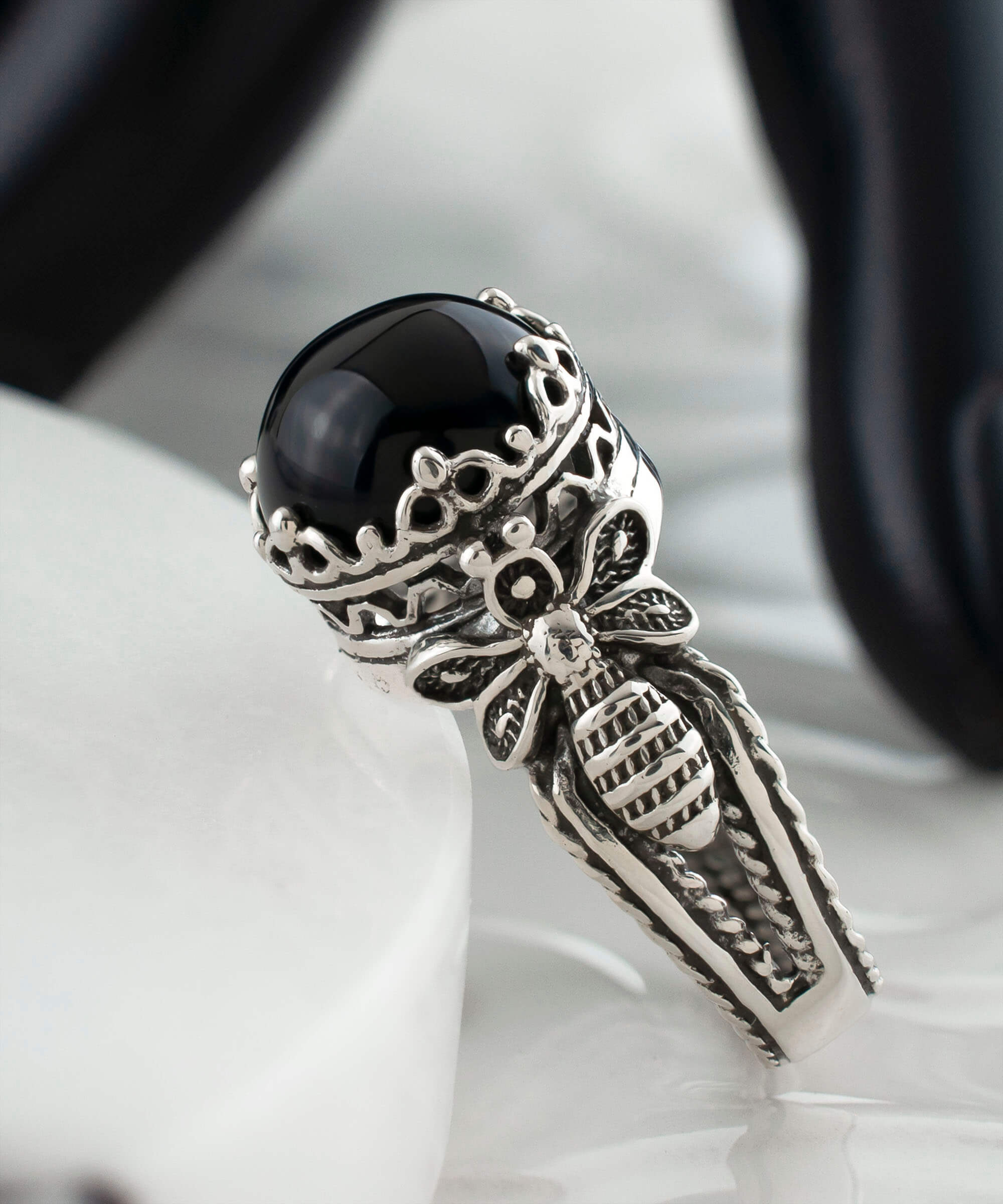 Elegant Black Onyx Gemstone Filigree Art Cocktail Ring in 925 sterling silver with a bee design.