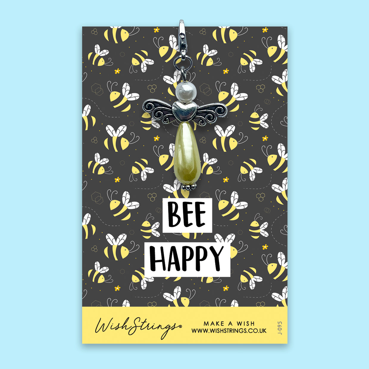 Bee Happy Wish Angel Clip on a glossy card with inspirational design, packaged in clear cellophane.