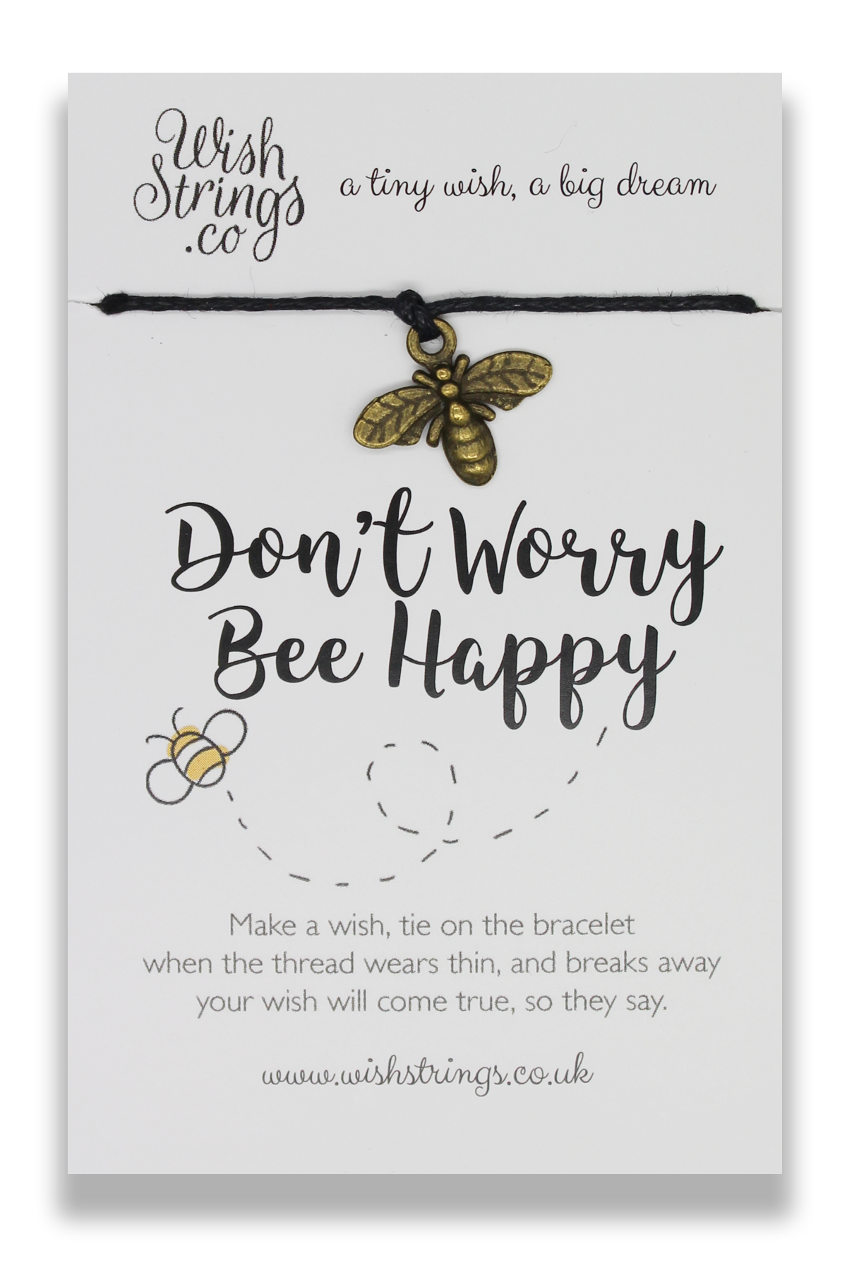 BEE HAPPY WishStrings Wish Bracelet featuring a Tibetan Silver charm on waxed cotton cord, beautifully presented on a luxury display card.