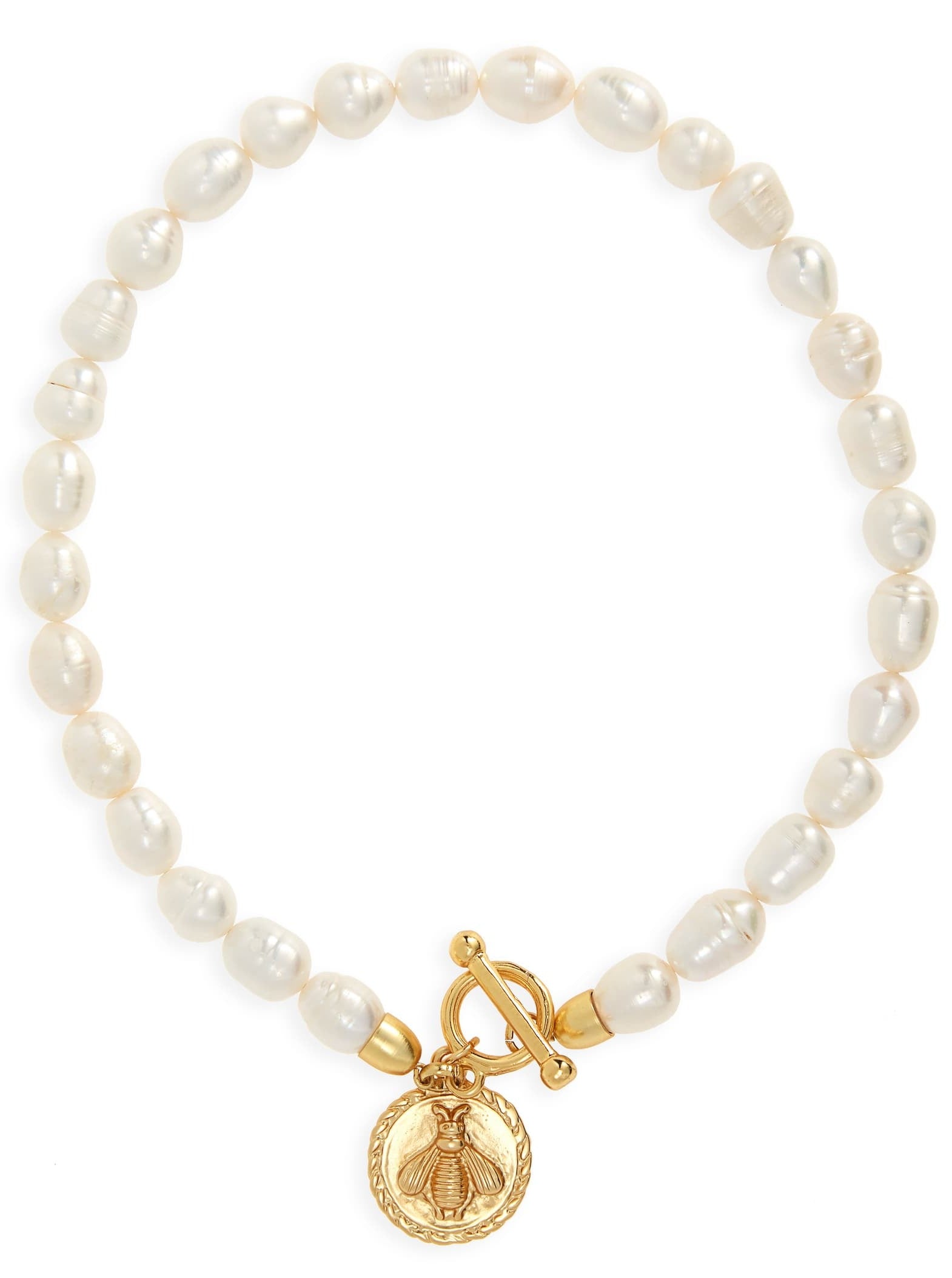 Elegant Bee X Pearl Necklace featuring a gold-plated bee pendant and fresh water pearls on a ball chain.