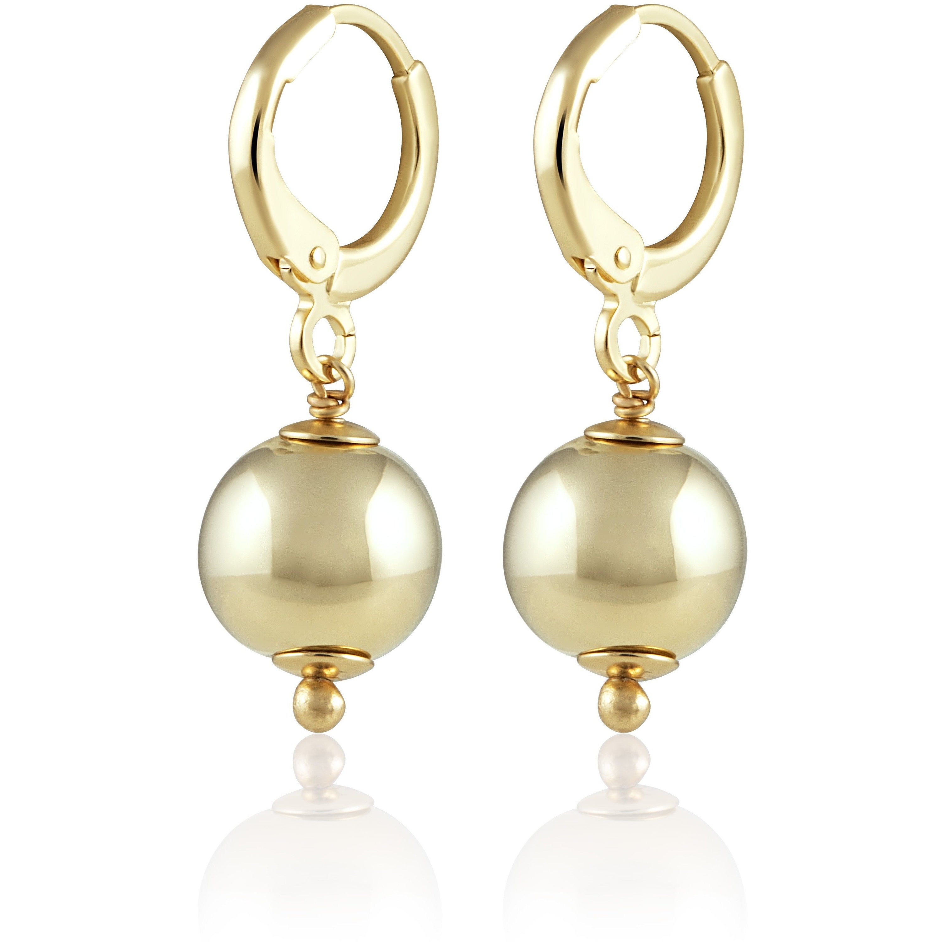 Elegant 18K gold plated huggie earrings with dangling bead, perfect for everyday wear.