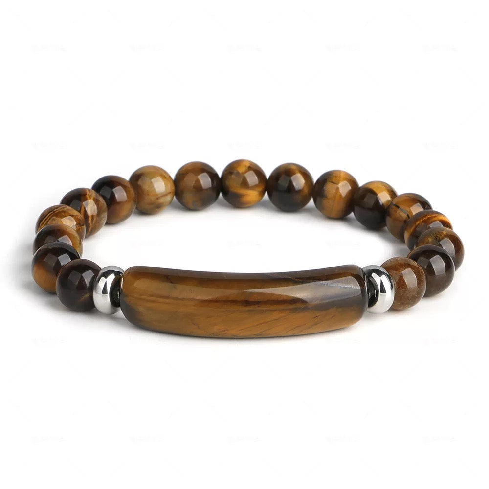 A stylish unisex beaded bracelet featuring a natural gemstone bar, perfect for wrist sizes 17-19cm.