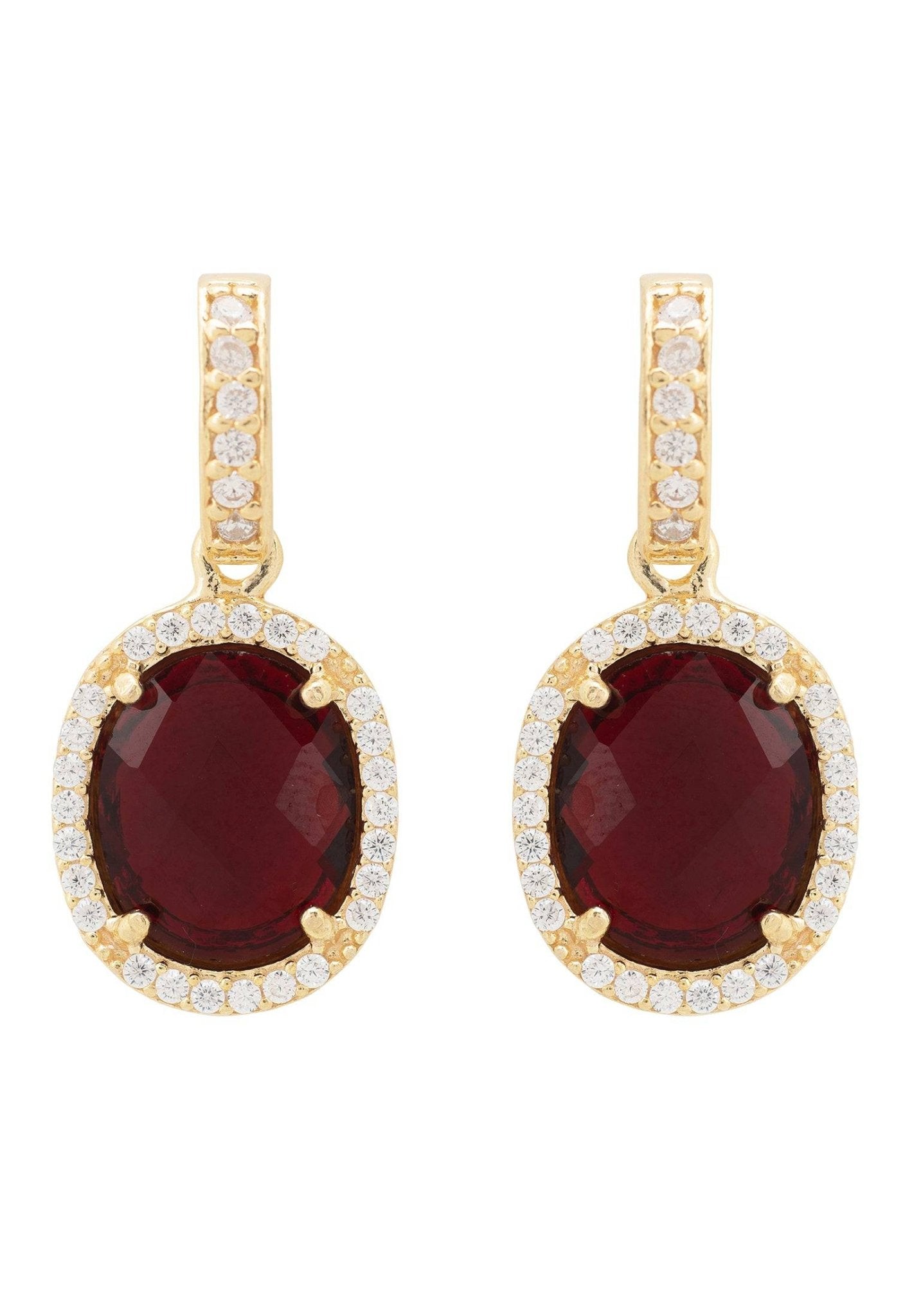 Beatrice Oval Gemstone Drop Earrings featuring a garnet stone surrounded by cubic zirconia, crafted in 925 sterling silver and dipped in 22ct gold.