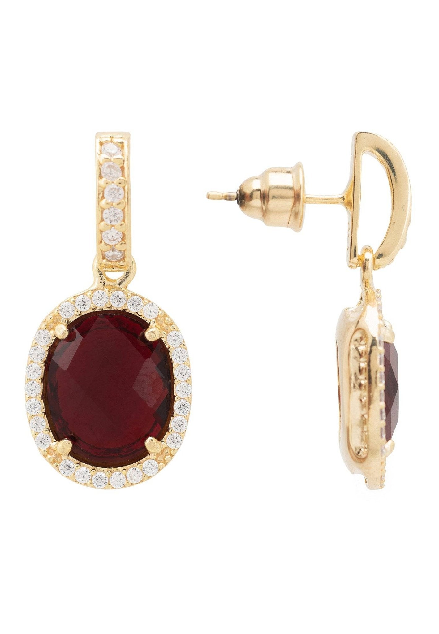 Beatrice Oval Gemstone Drop Earrings featuring a garnet stone surrounded by cubic zirconia, crafted in 925 sterling silver and dipped in 22ct gold.