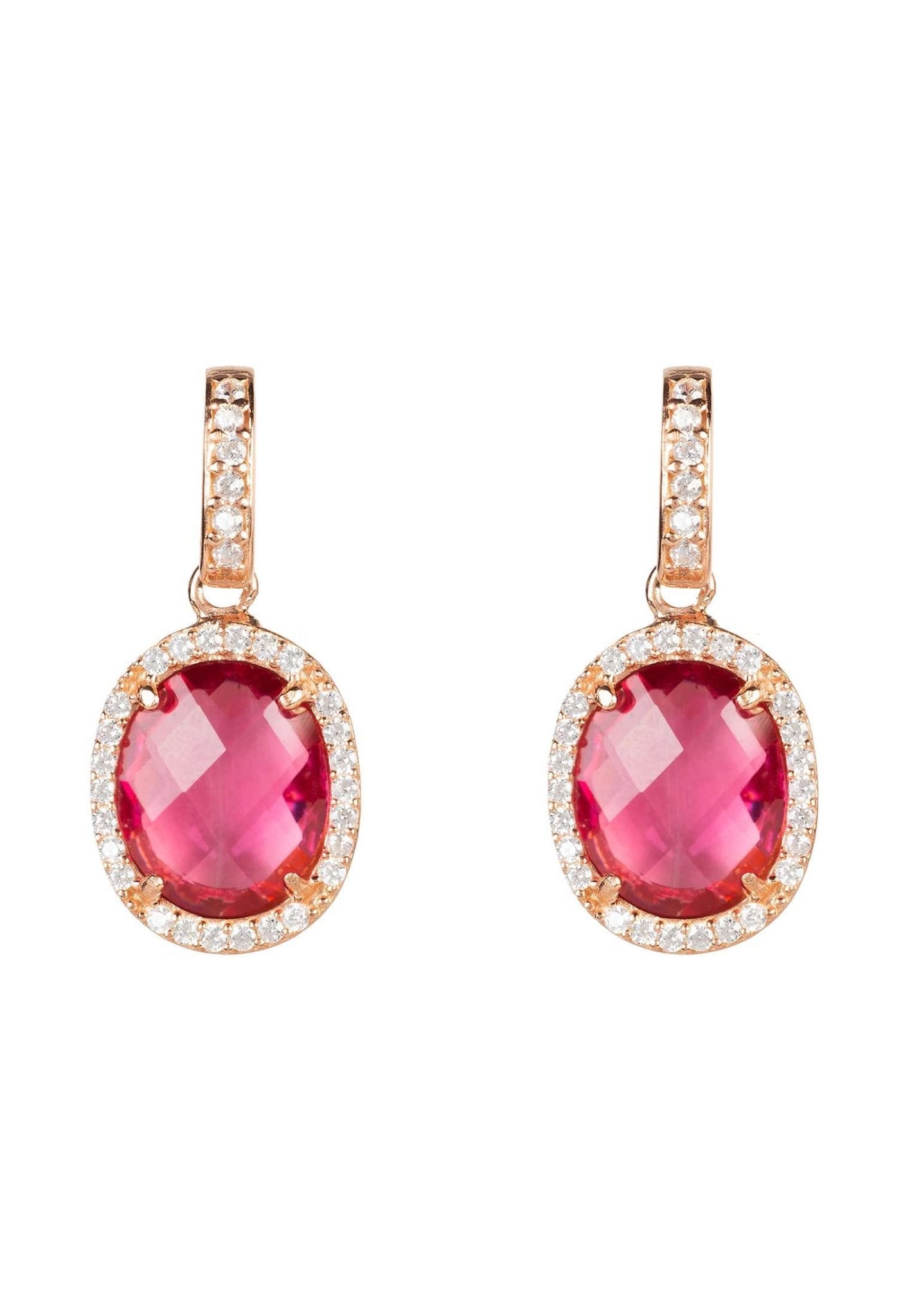 Beatrice Oval Gemstone Drop Earrings featuring pink tourmaline and cubic zirconia in rose gold setting, elegantly designed for glamour.