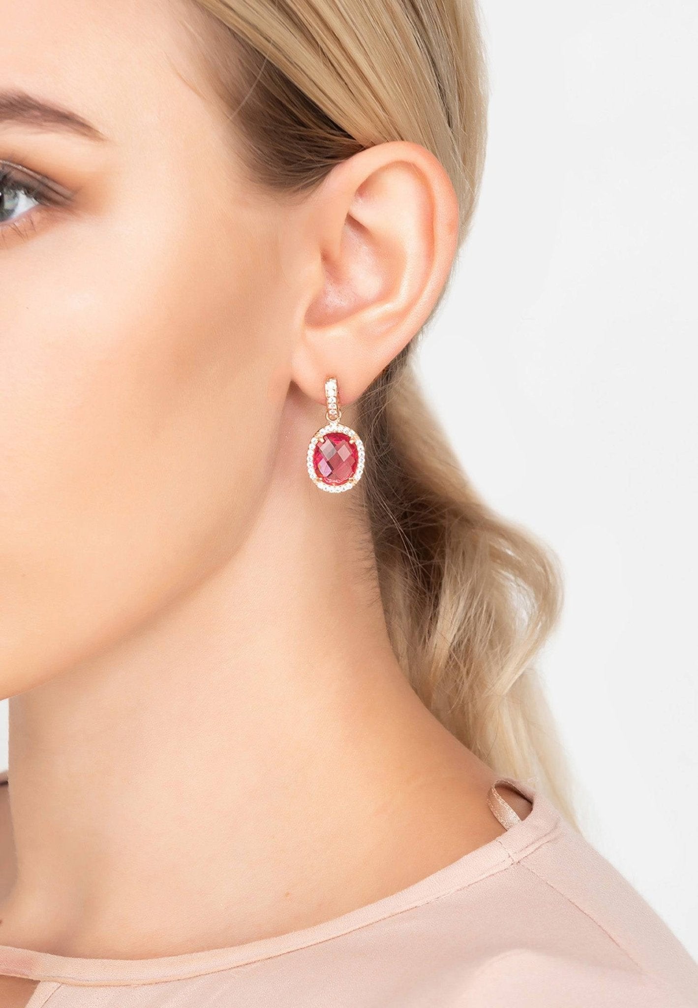 Beatrice Oval Gemstone Drop Earrings featuring pink tourmaline and cubic zirconia in rose gold setting, elegantly designed for glamour.