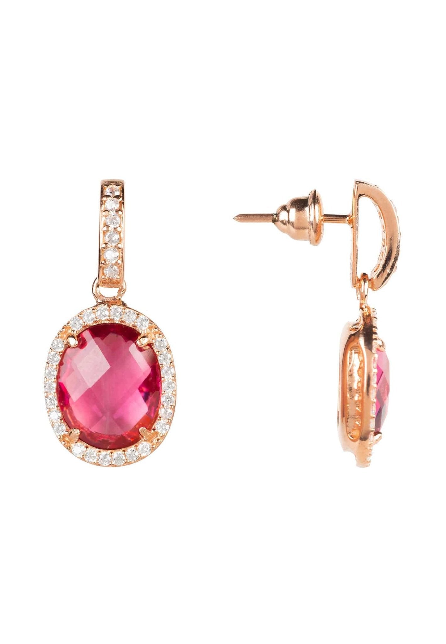 Beatrice Oval Gemstone Drop Earrings featuring pink tourmaline and cubic zirconia in rose gold setting, elegantly designed for glamour.