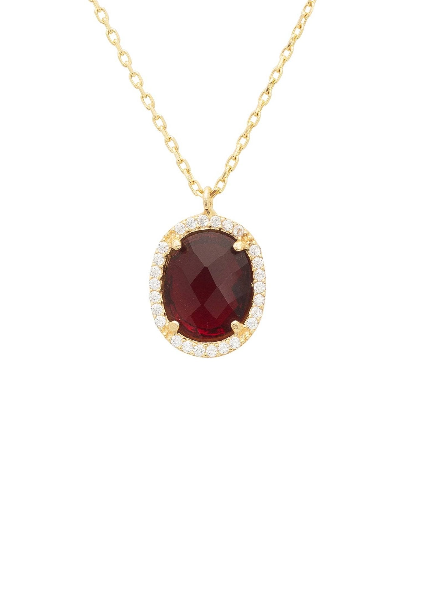 Beatrice Oval Gemstone Pendant Necklace featuring a garnet gemstone in a gold setting with Cubic Zirconia accents.