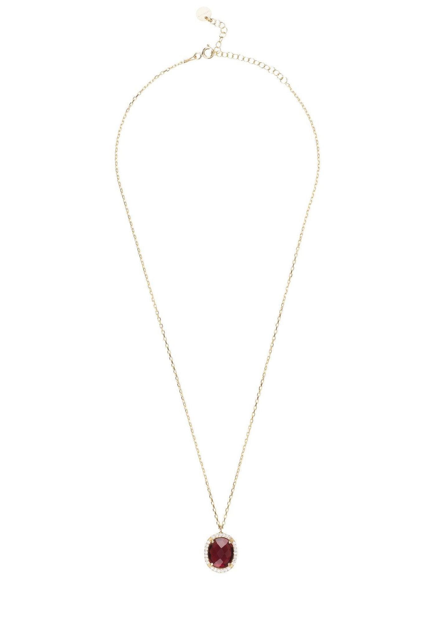 Beatrice Oval Gemstone Pendant Necklace featuring a garnet gemstone in a gold setting with Cubic Zirconia accents.