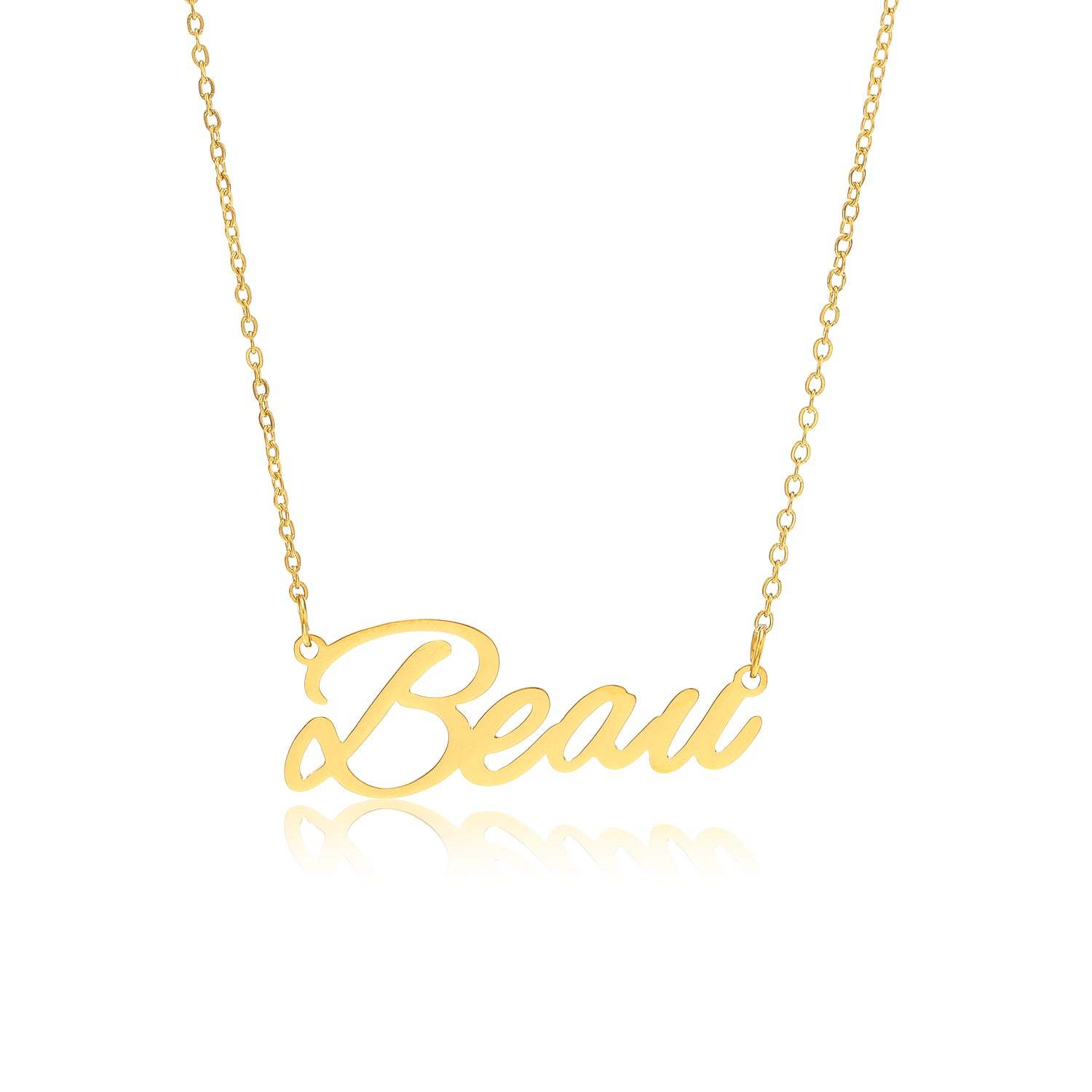 Beau Name Necklace featuring a personalized name design in tarnish-free gold plating on a stainless steel chain.