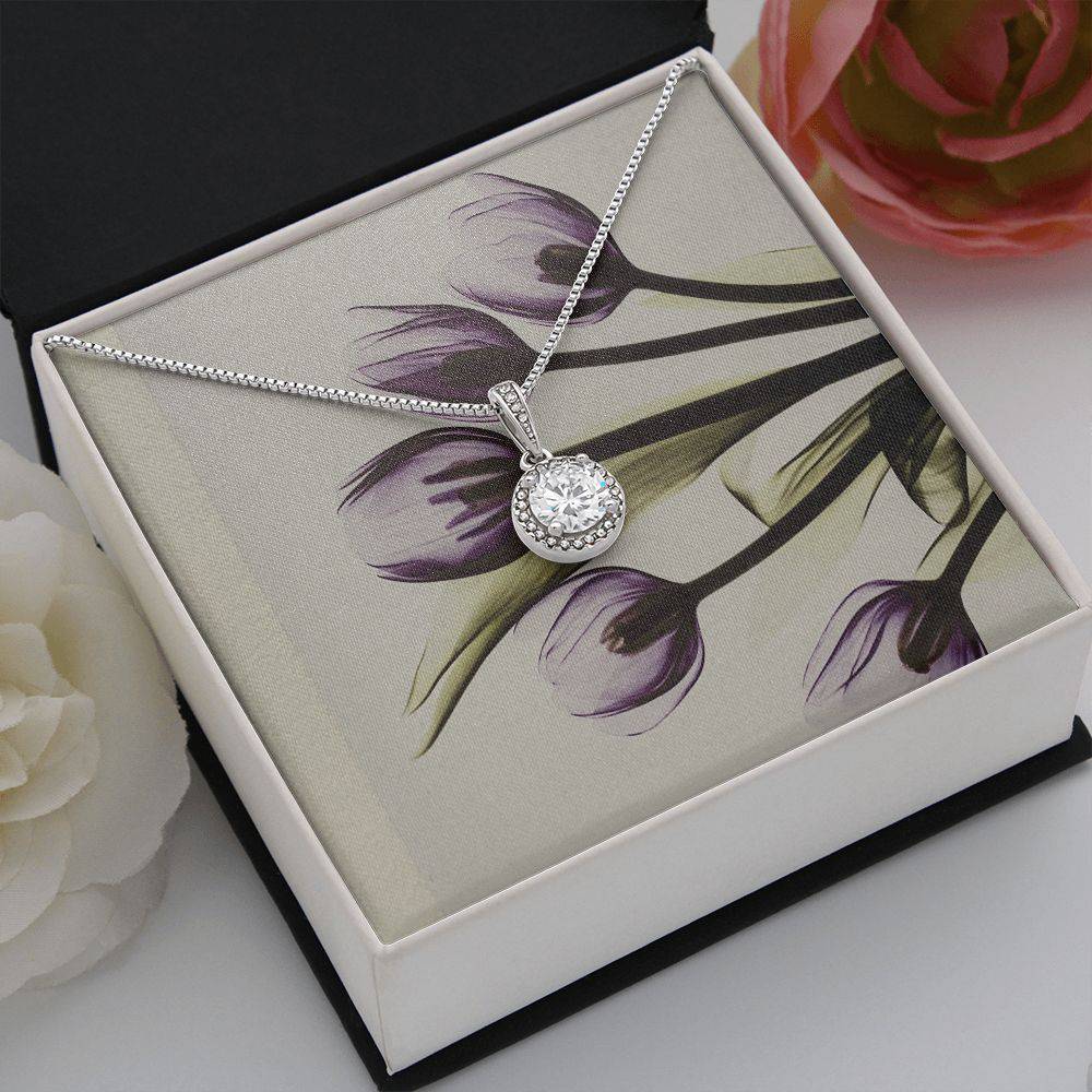 Beautiful Stone Eternal Hope Necklace featuring a cushion cut cubic zirconia and accent CZ crystals, elegantly displayed in a soft touch box.