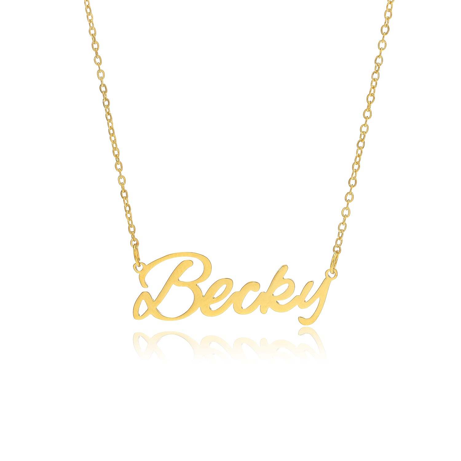 Becky Name Necklace made of stainless steel with a shiny finish, featuring an adjustable chain.