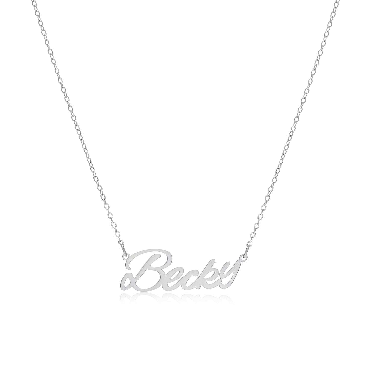 Becky Name Necklace made of stainless steel with a shiny finish, featuring an adjustable chain.