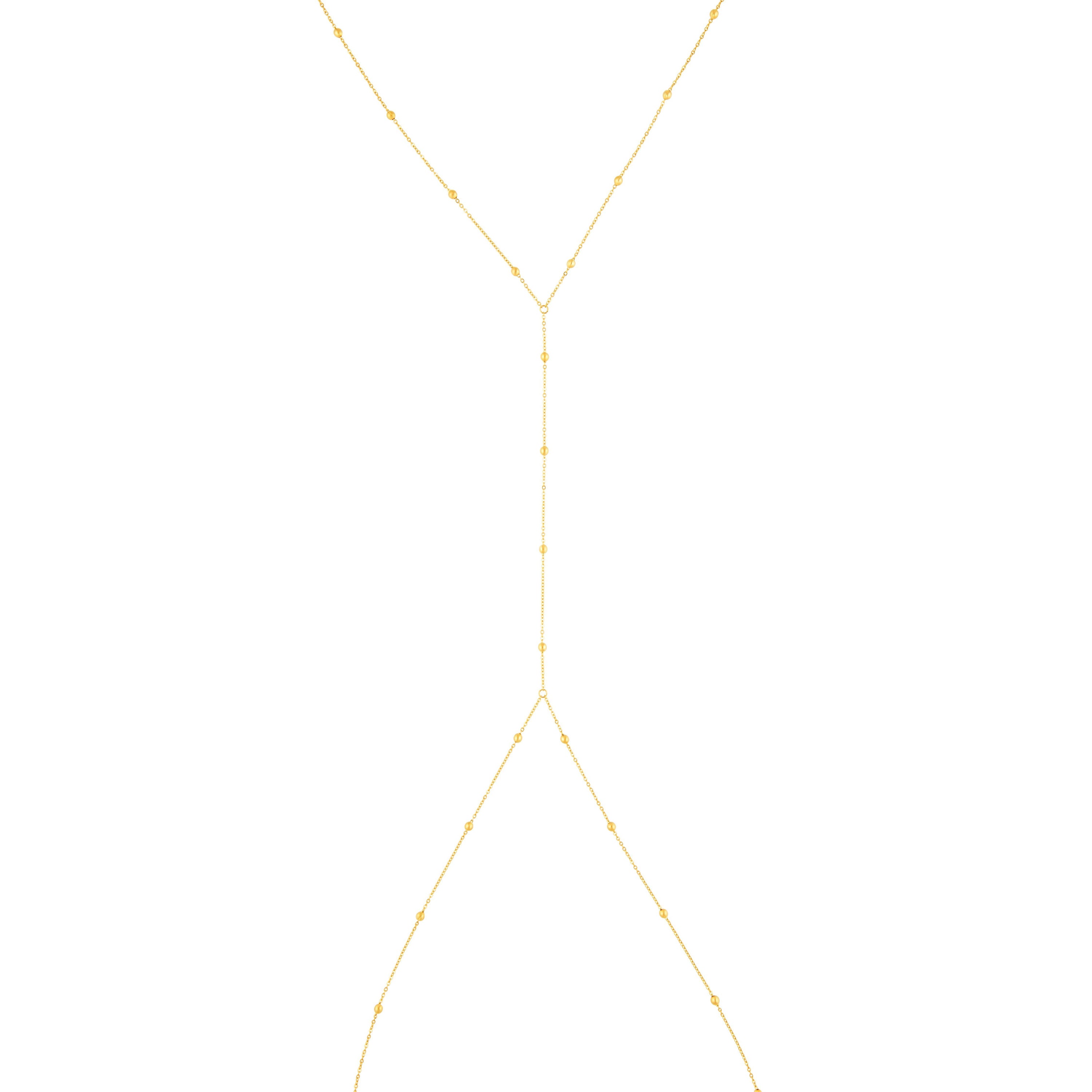 A stunning Bella Body Chain featuring a gold overlay design, adjustable chains, and a versatile two-in-one style for beach and casual wear.