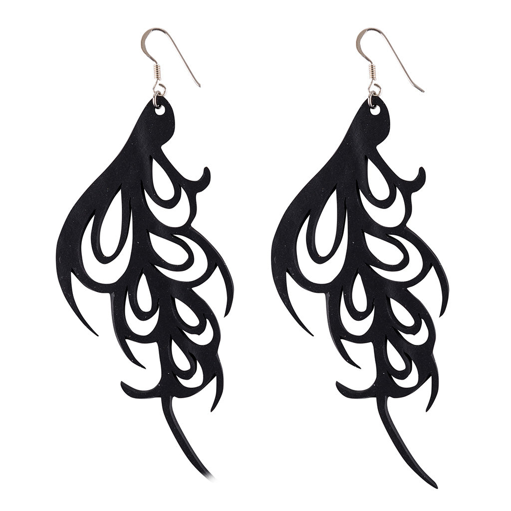 Bella Elegant Art Nouveau Inner Tube Earrings handcrafted from recycled rubber with sterling silver hooks, showcasing unique textures and patterns.