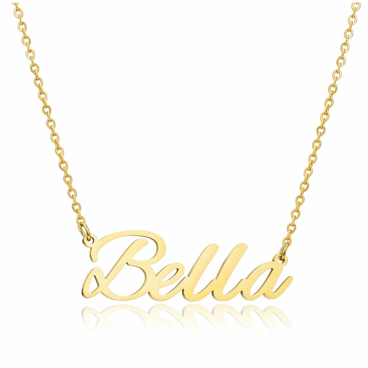 Bella Name Necklace made of stainless steel with gold plating, featuring a personalized name design and adjustable chain.