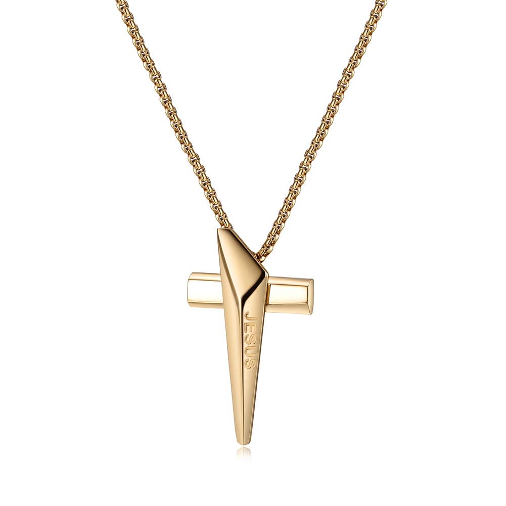 A beautiful BELIEF CROSS NECKLACE made of 316L surgical stainless steel with 14K gold PVD plating, showcasing a cross pendant.