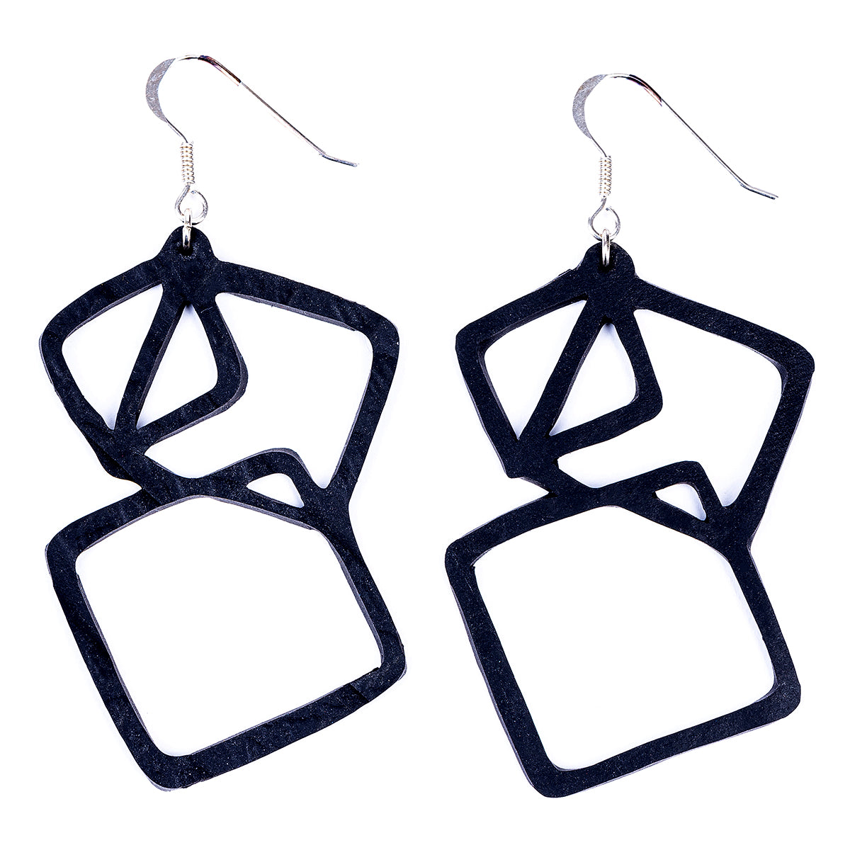 Belinda Geometric Recycled Rubber Earrings featuring a unique geometric design made from reclaimed tyre inner tubes with sterling silver hooks.