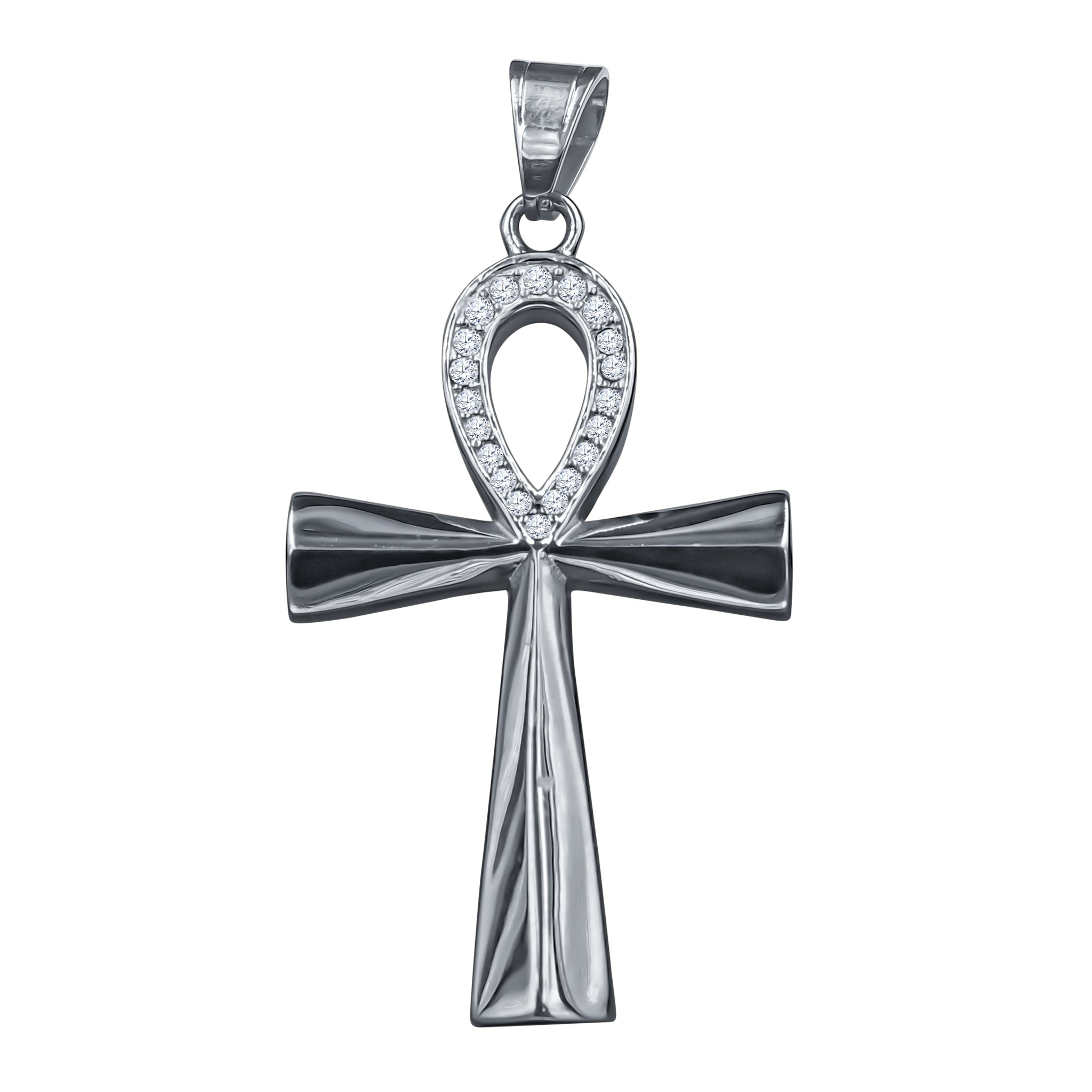 BENDECIR Pendant featuring a uniquely shaped cross design adorned with sparkling cubic zirconia stones, crafted from durable stainless steel.