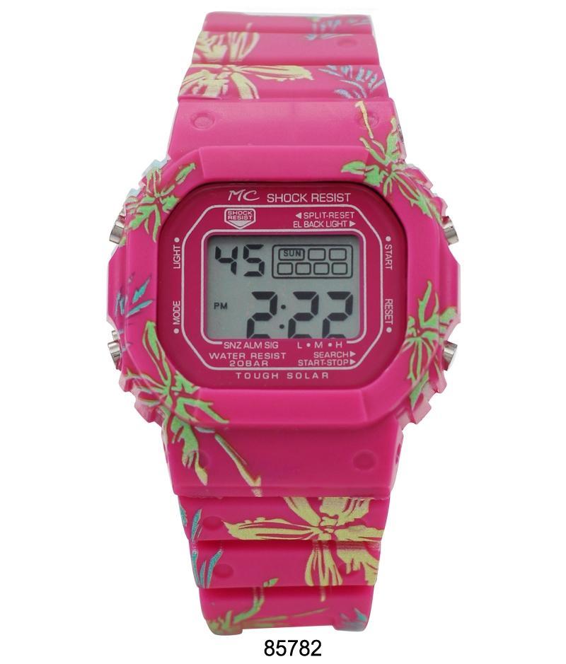 Benton Montres Carlo Hot Pink Floral Print LCD Watch with alloy case and silicon band.