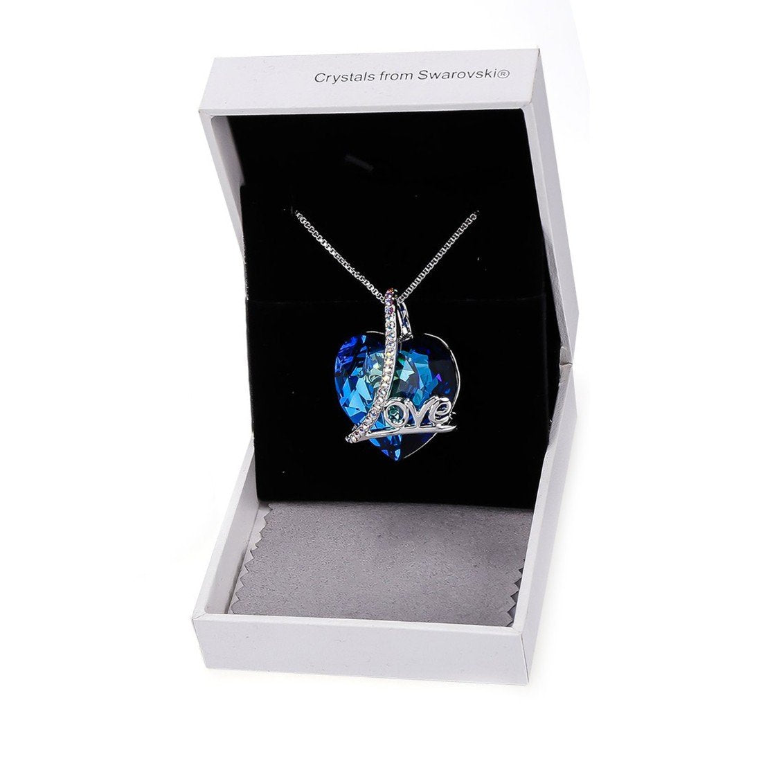 Bermuda Blue Heart Shaped Elements Lining Necklace featuring a blue heart pendant on a 14K white gold plated link chain.