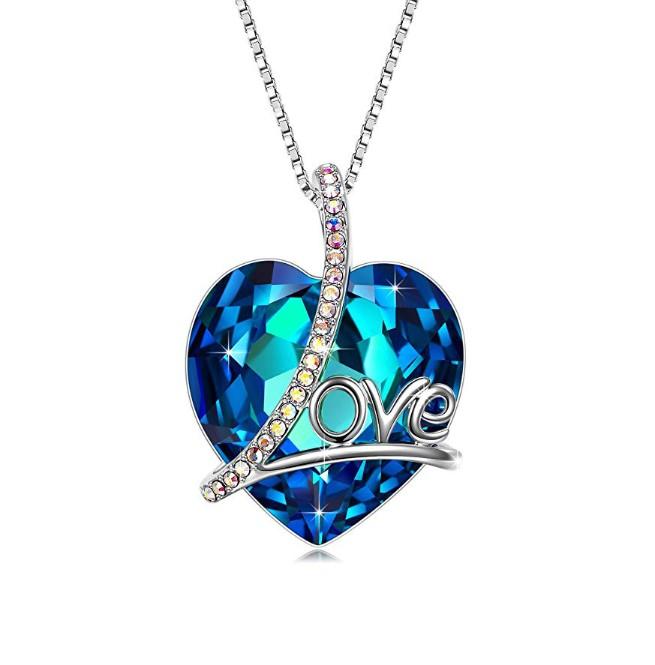 Bermuda Blue Heart Shaped Elements Lining Necklace featuring a blue heart pendant on a 14K white gold plated link chain.