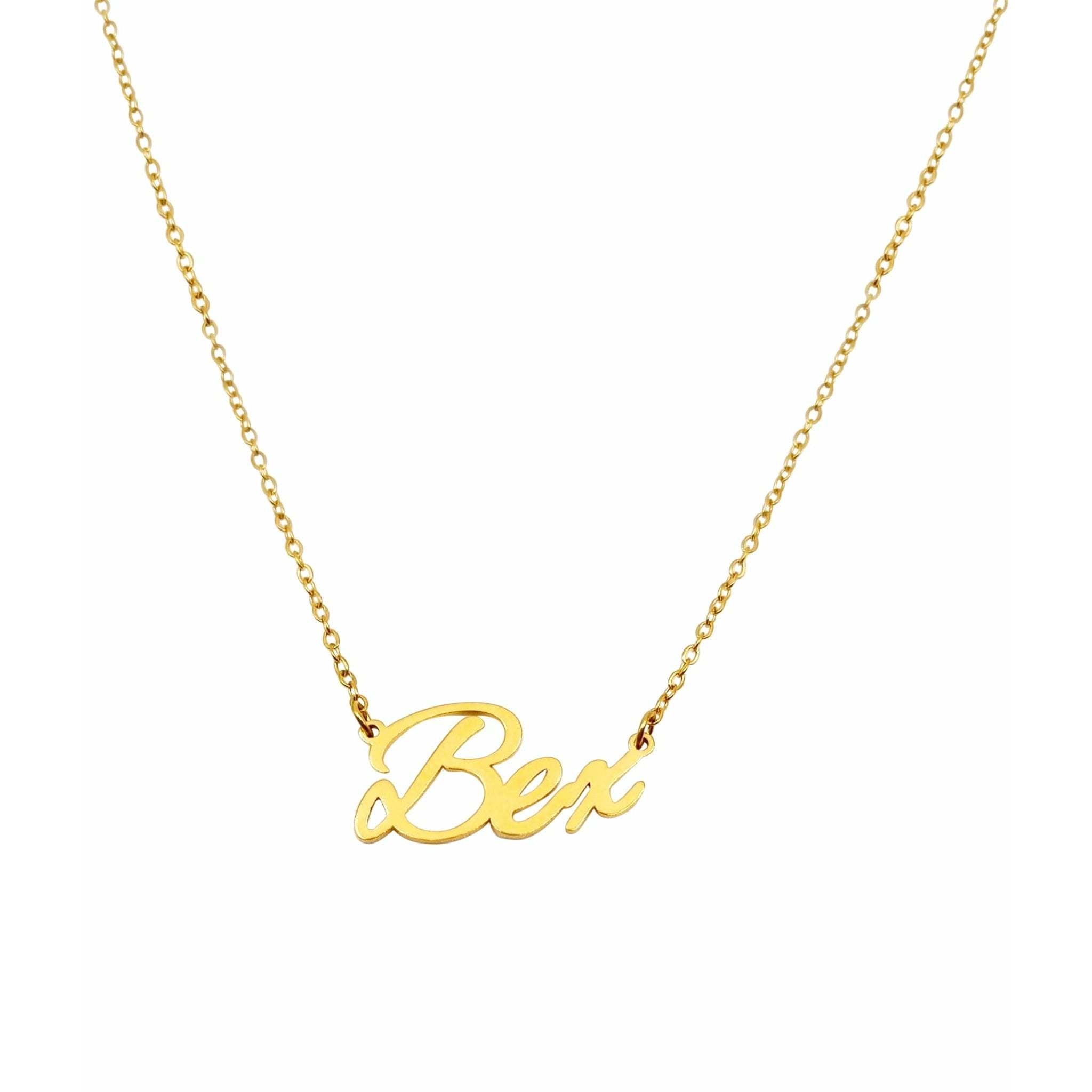 Bex Name Necklace featuring a personalized name design in gold-plated stainless steel with an adjustable chain.