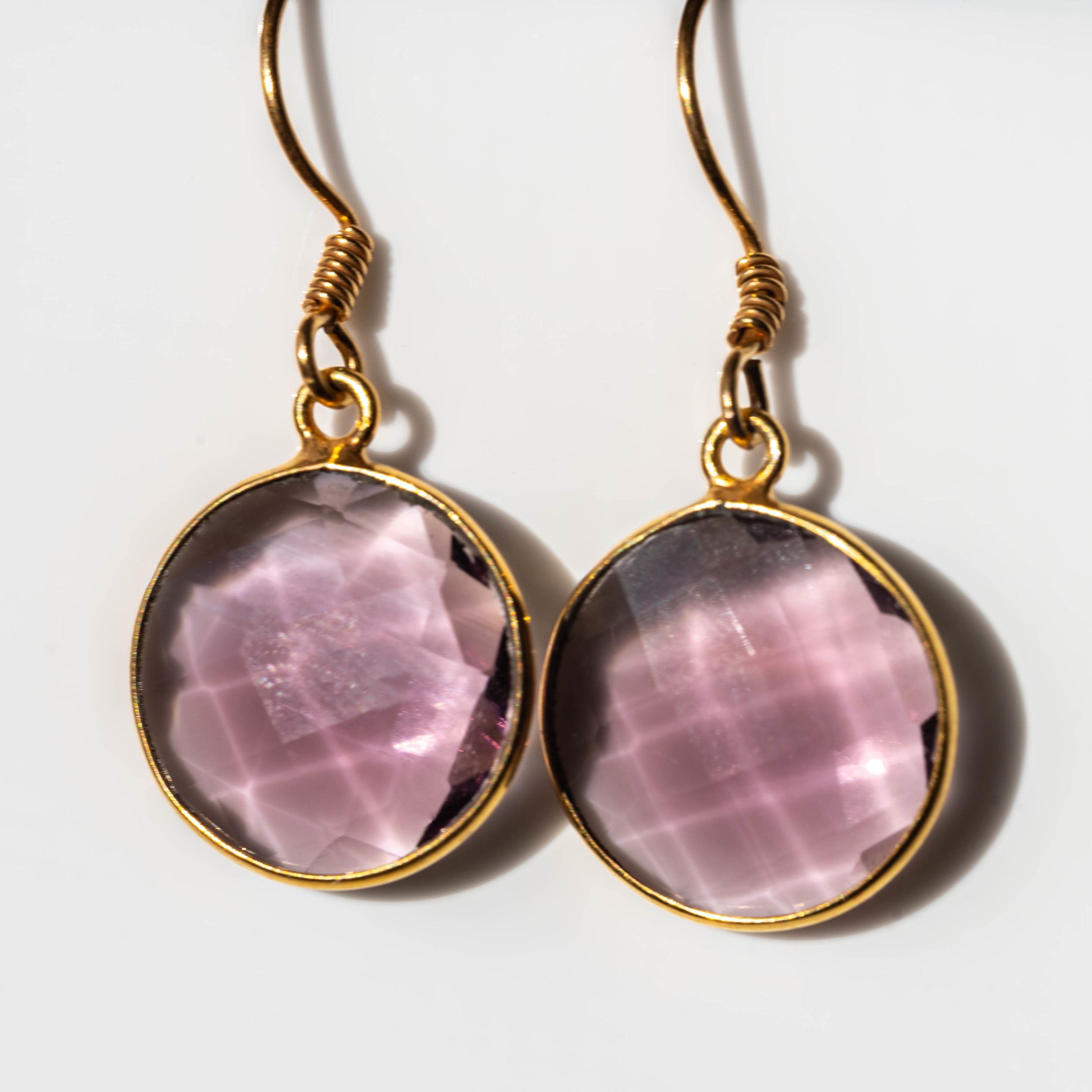 Bianca Amethyst Round Earrings featuring purple amethyst stones set in gold-plated sterling silver with 14k gold-filled ear wires.