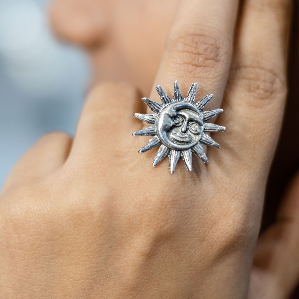 Big Silver Oxidised Smily Sun Crescent Moon Statement Ring showcasing celestial design with sun and moon motifs in oxidised silver finish.