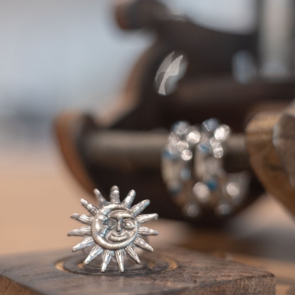 Big Silver Oxidised Smily Sun Crescent Moon Statement Ring showcasing celestial design with sun and moon motifs in oxidised silver finish.