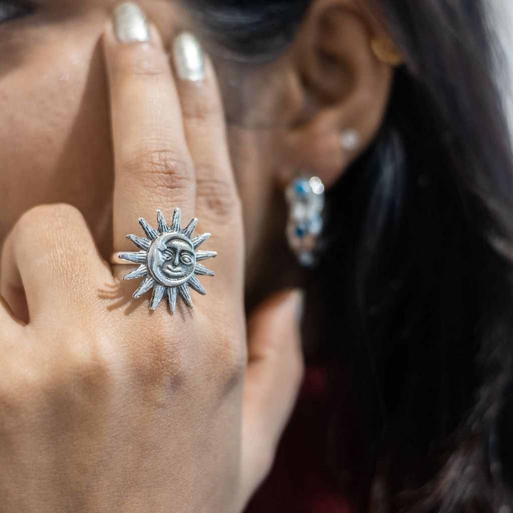 Big Silver Oxidised Smily Sun Crescent Moon Statement Ring showcasing celestial design with sun and moon motifs in oxidised silver finish.