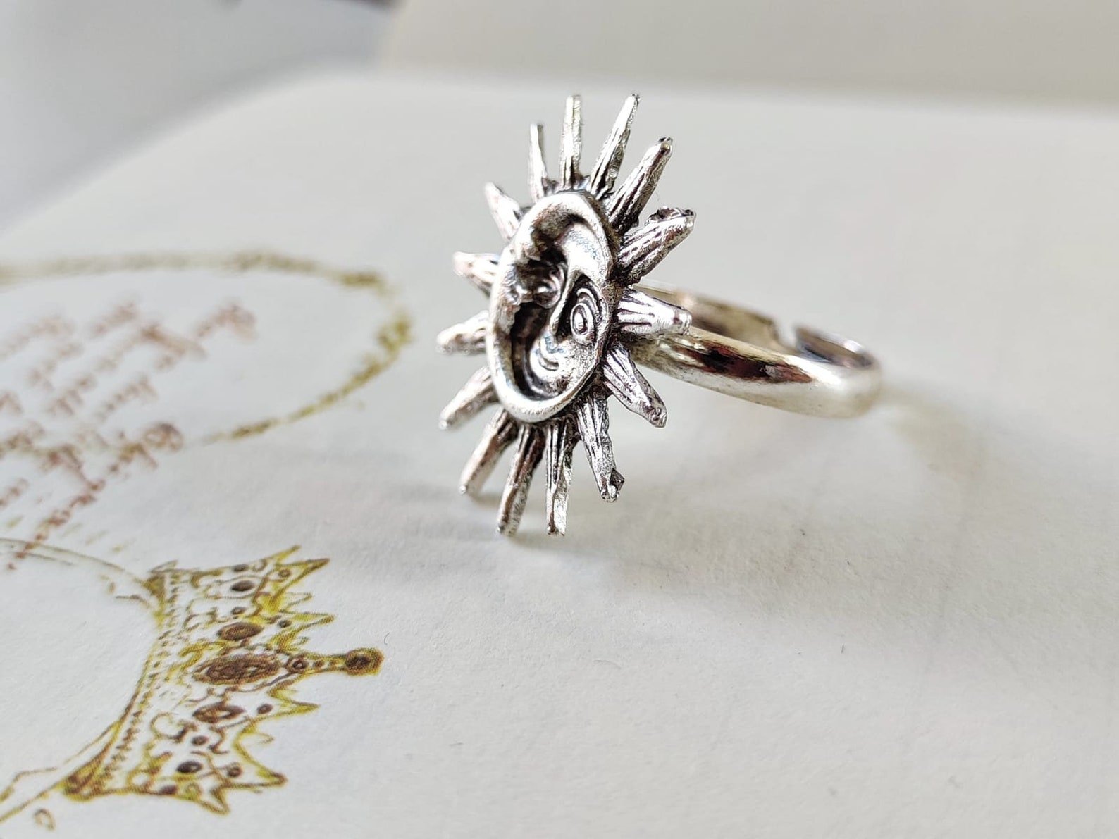 Big Silver Oxidised Smily Sun Crescent Moon Statement Ring showcasing celestial design with sun and moon motifs in oxidised silver finish.