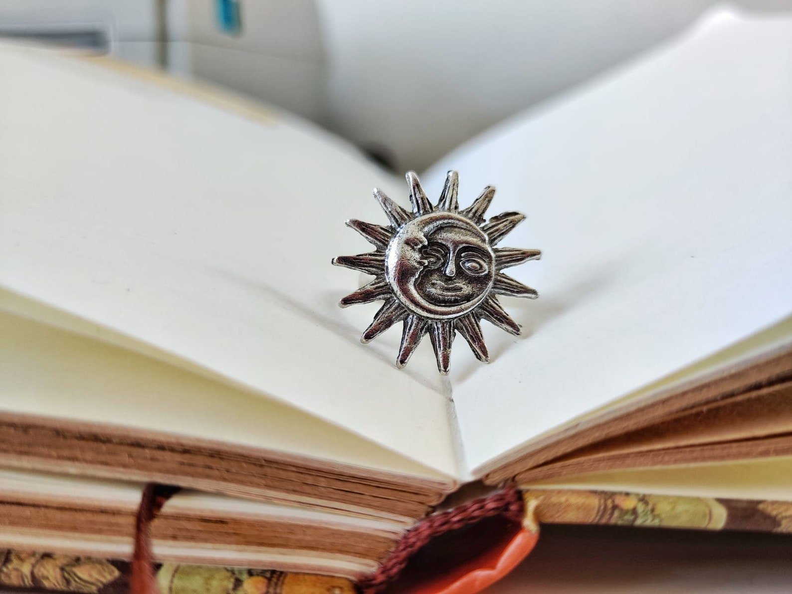 Big Silver Oxidised Smily Sun Crescent Moon Statement Ring showcasing celestial design with sun and moon motifs in oxidised silver finish.