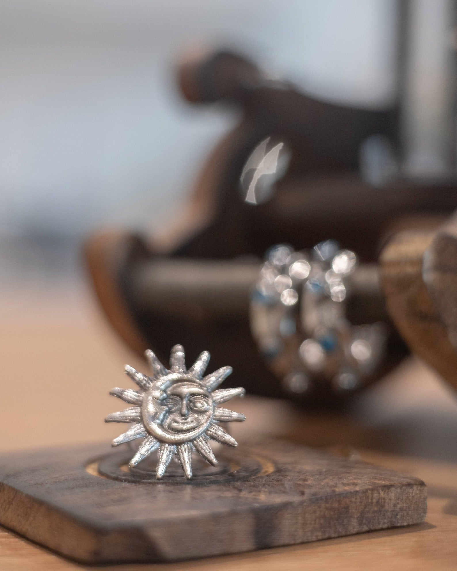 Big Silver Oxidised Smily Sun Crescent Moon Statement Ring showcasing celestial design with sun and moon motifs in oxidised silver finish.