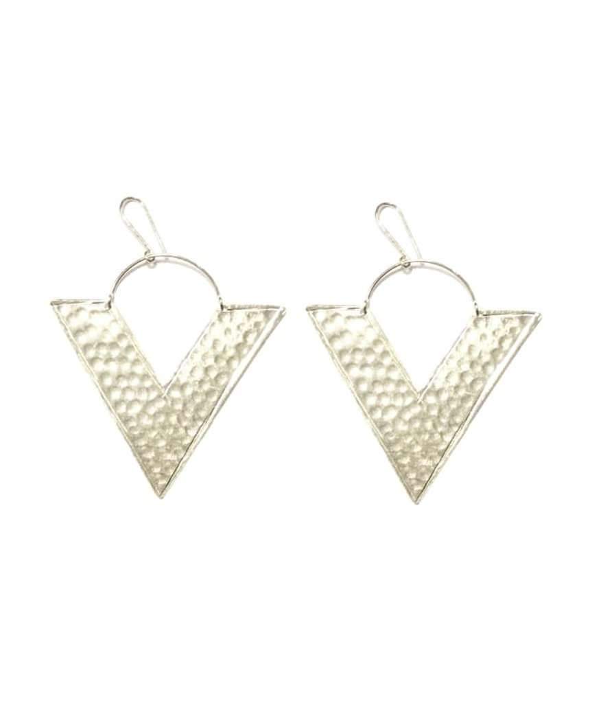 A pair of handmade Big Triangle Earrings featuring a unique geometric design, crafted from brass and silver plating, perfect for festivals and everyday wear.