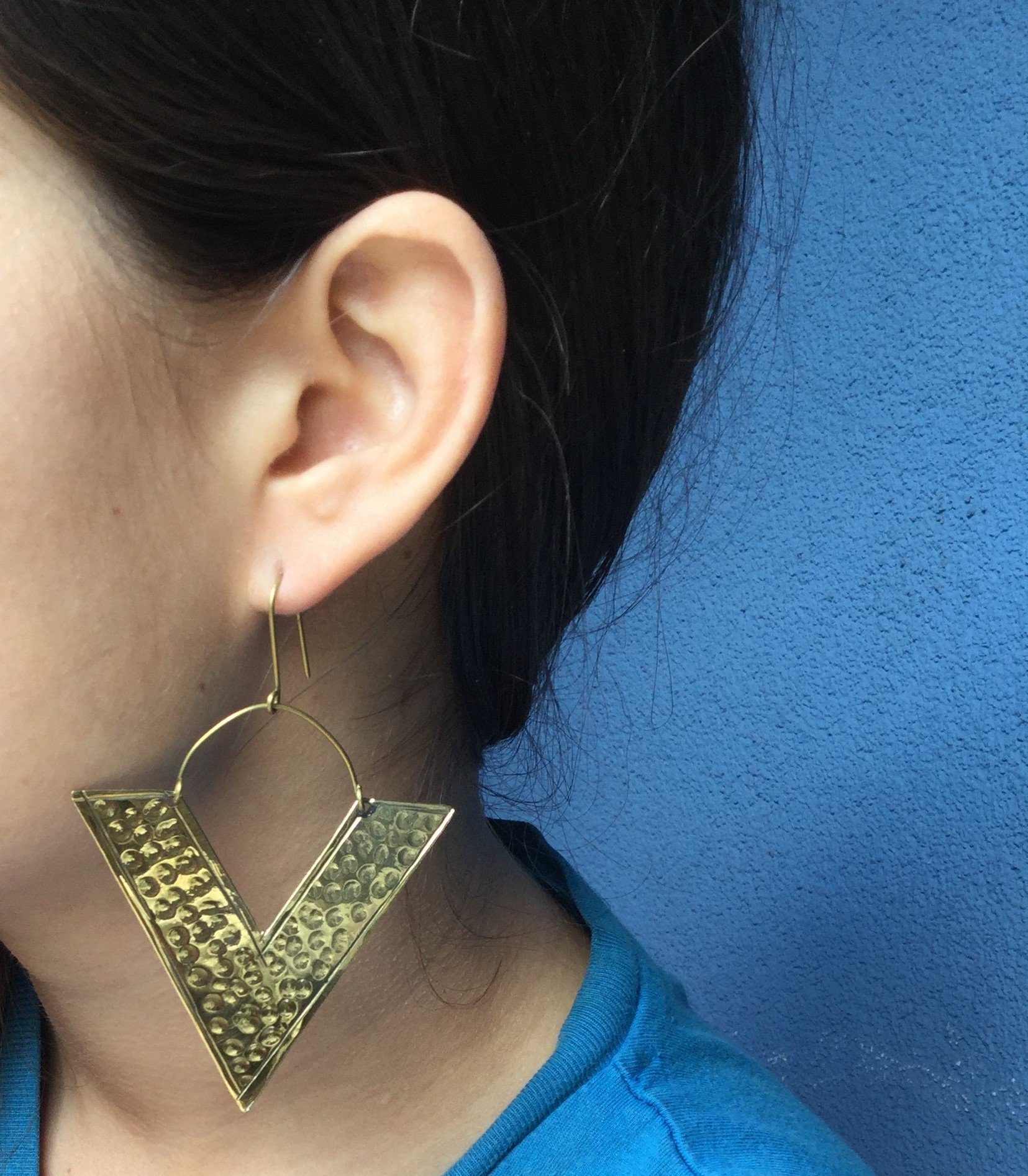 A pair of handmade Big Triangle Earrings featuring a unique geometric design, crafted from brass and silver plating, perfect for festivals and everyday wear.