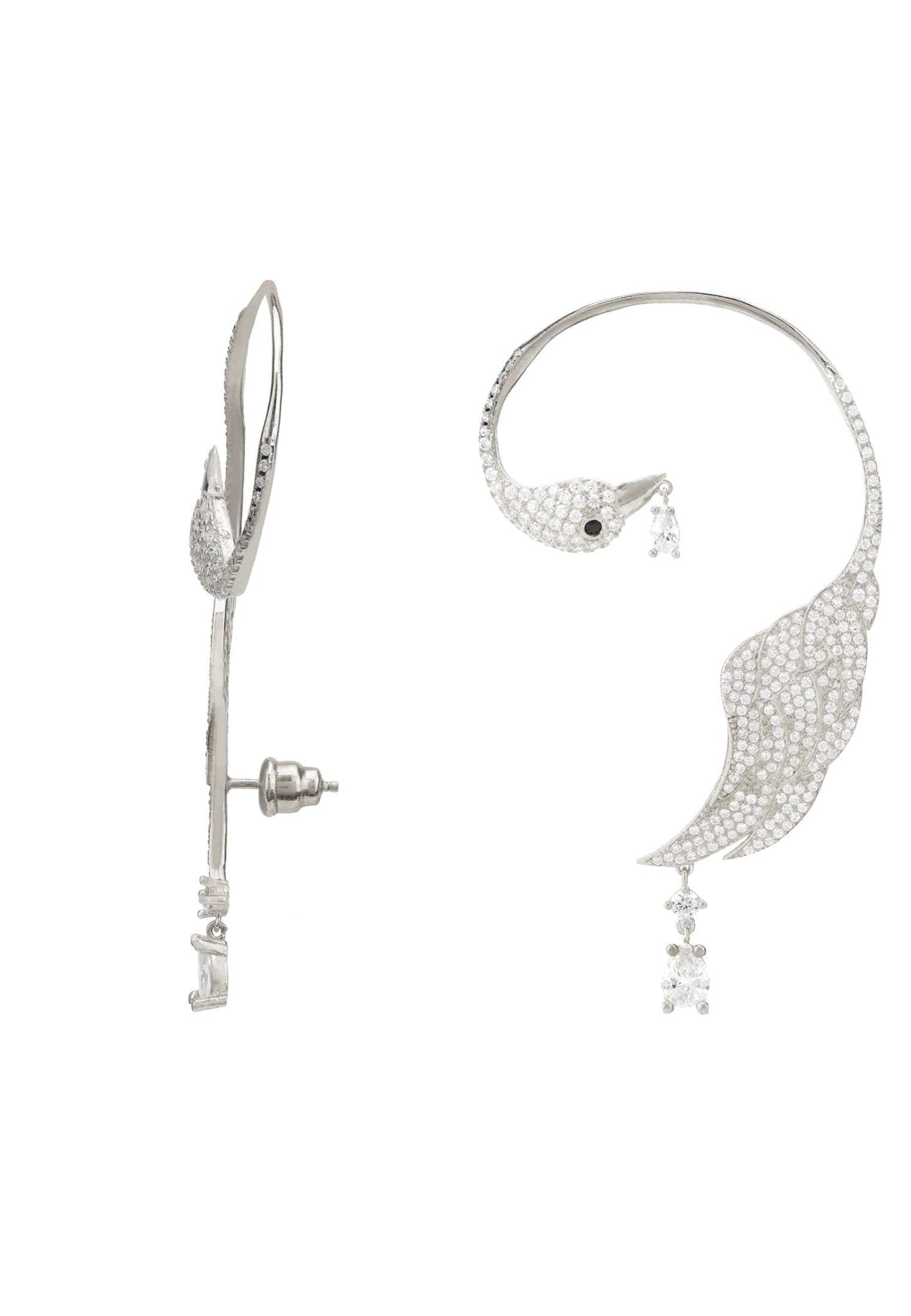 Bird of Paradise Ear Climber in White Silver, featuring an elegant bird design with dangling gemstones, crafted from 925 sterling silver.