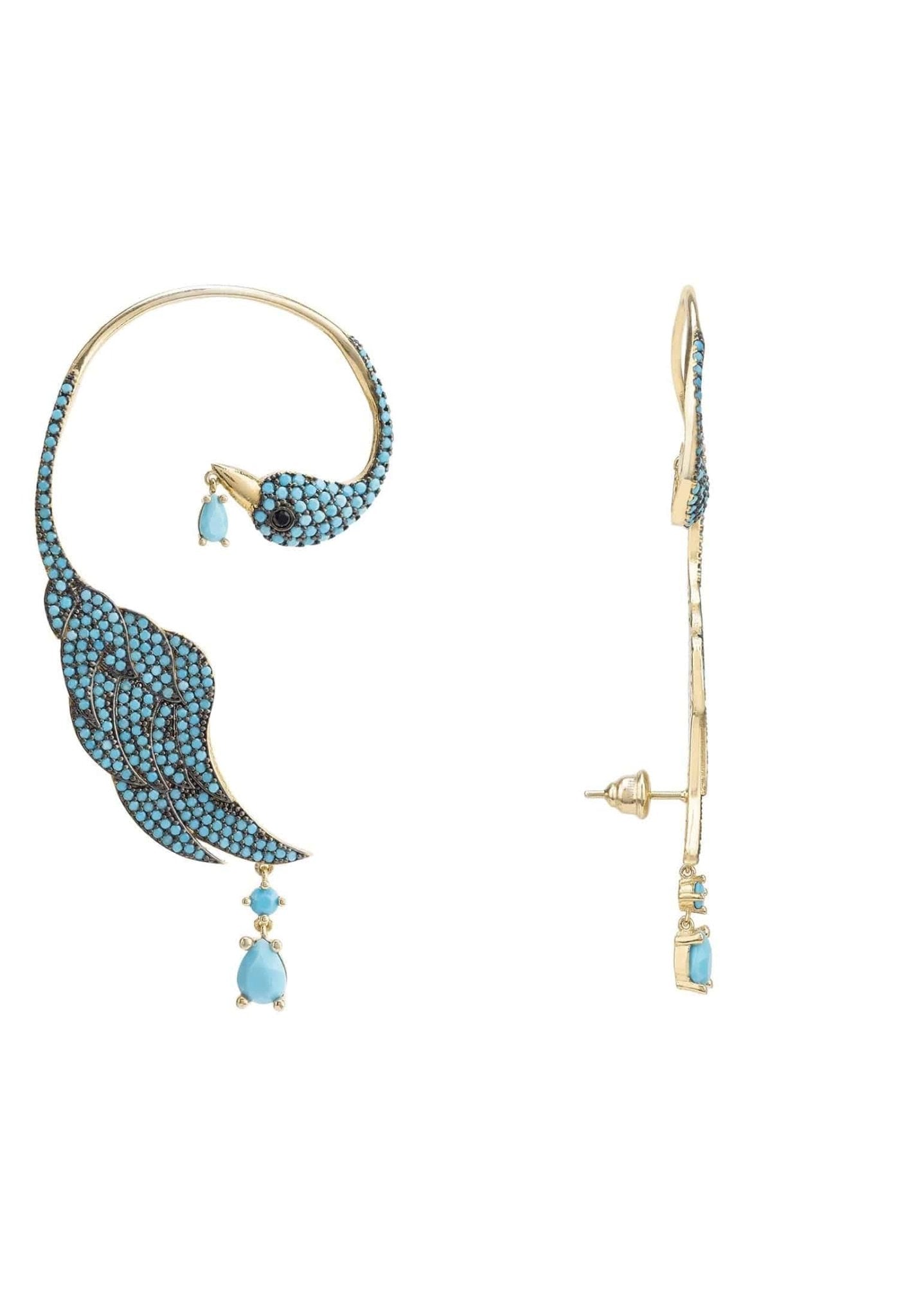 Bird Paradise Ear Climber in Turquoise Gold, featuring a bird design with dangling gemstone, crafted from sterling silver and gold.