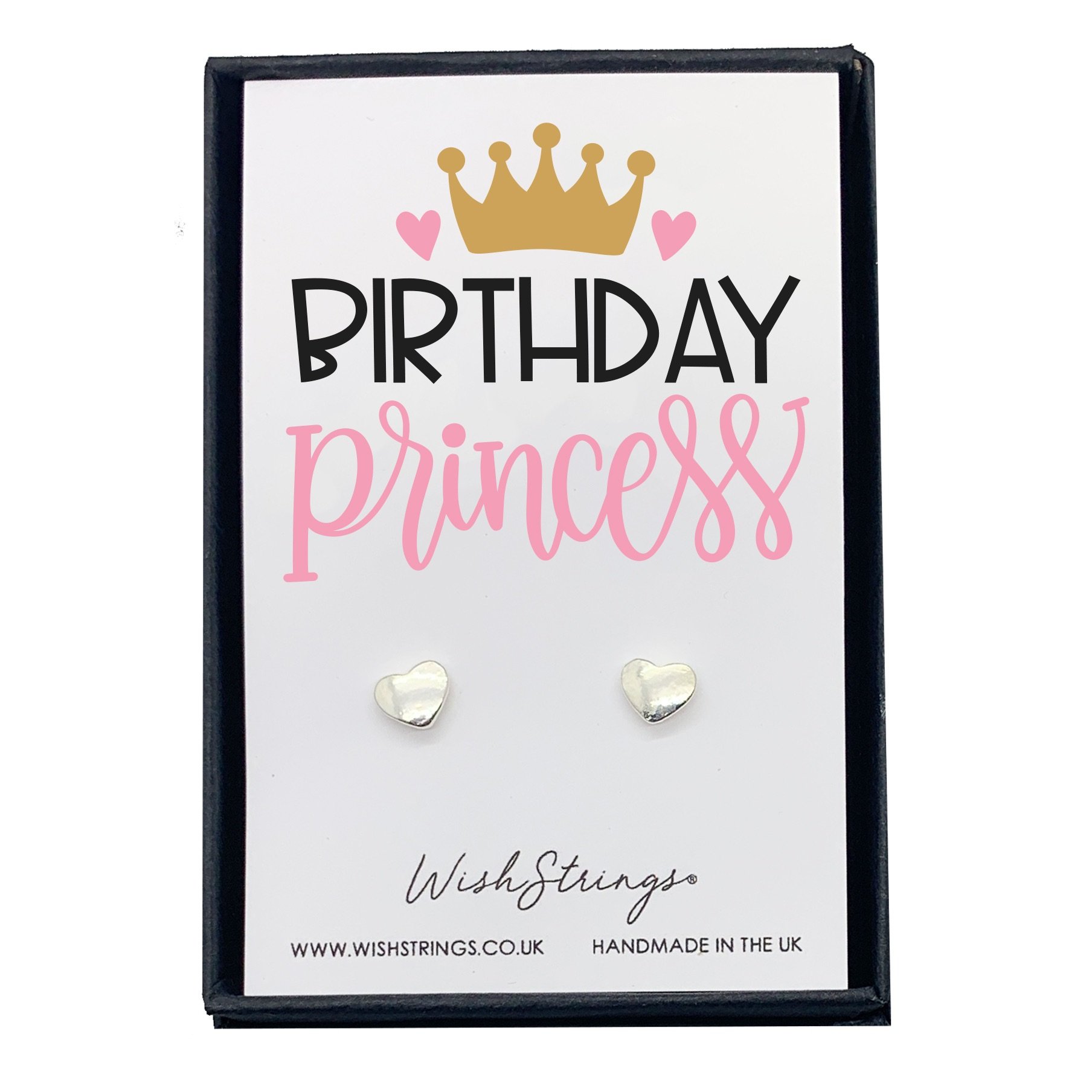 A pair of elegant Birthday Princess earrings presented in a luxurious black gift box, showcasing their delicate design and quality craftsmanship.