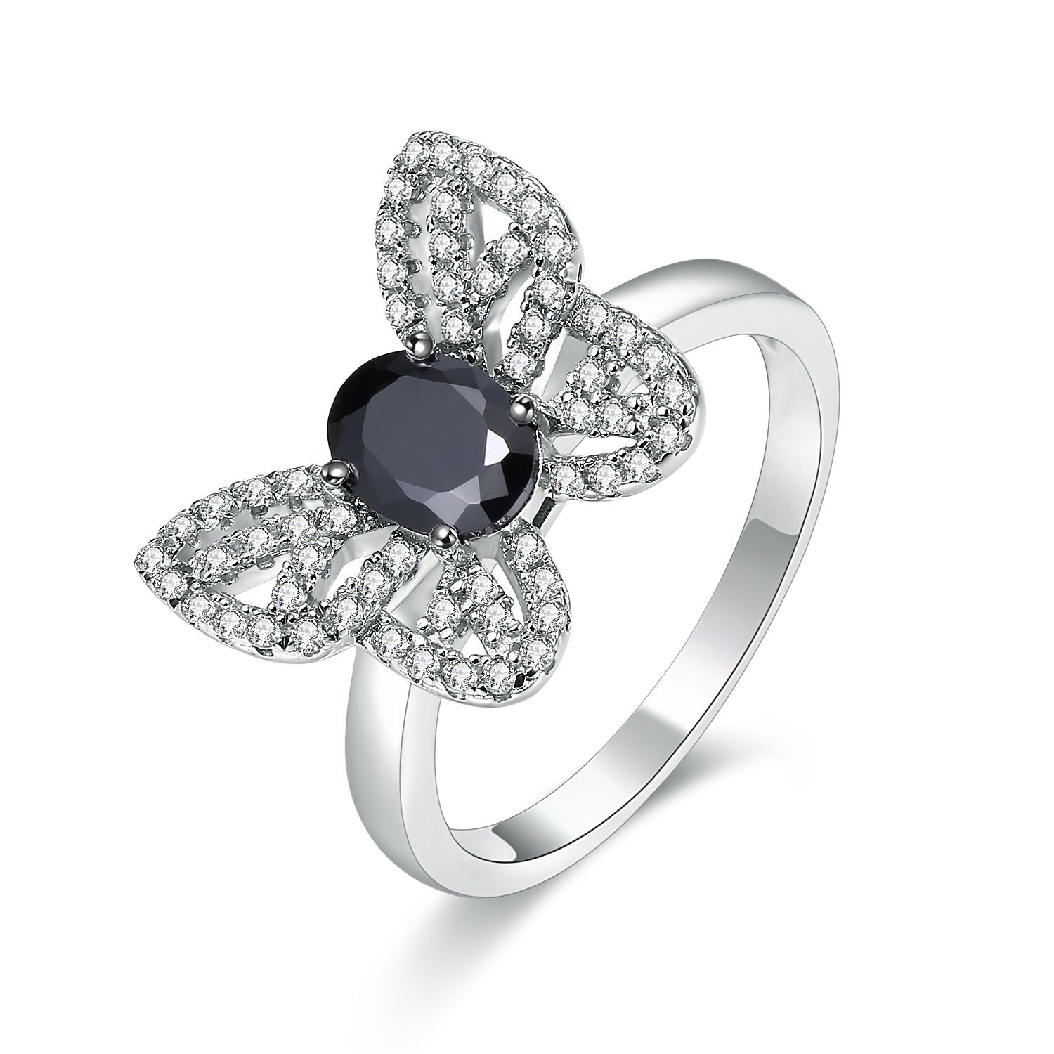 Blace Onyx Butterfly Ring made of 925 sterling silver with white sapphire and black onyx stones, showcasing an elegant butterfly design.