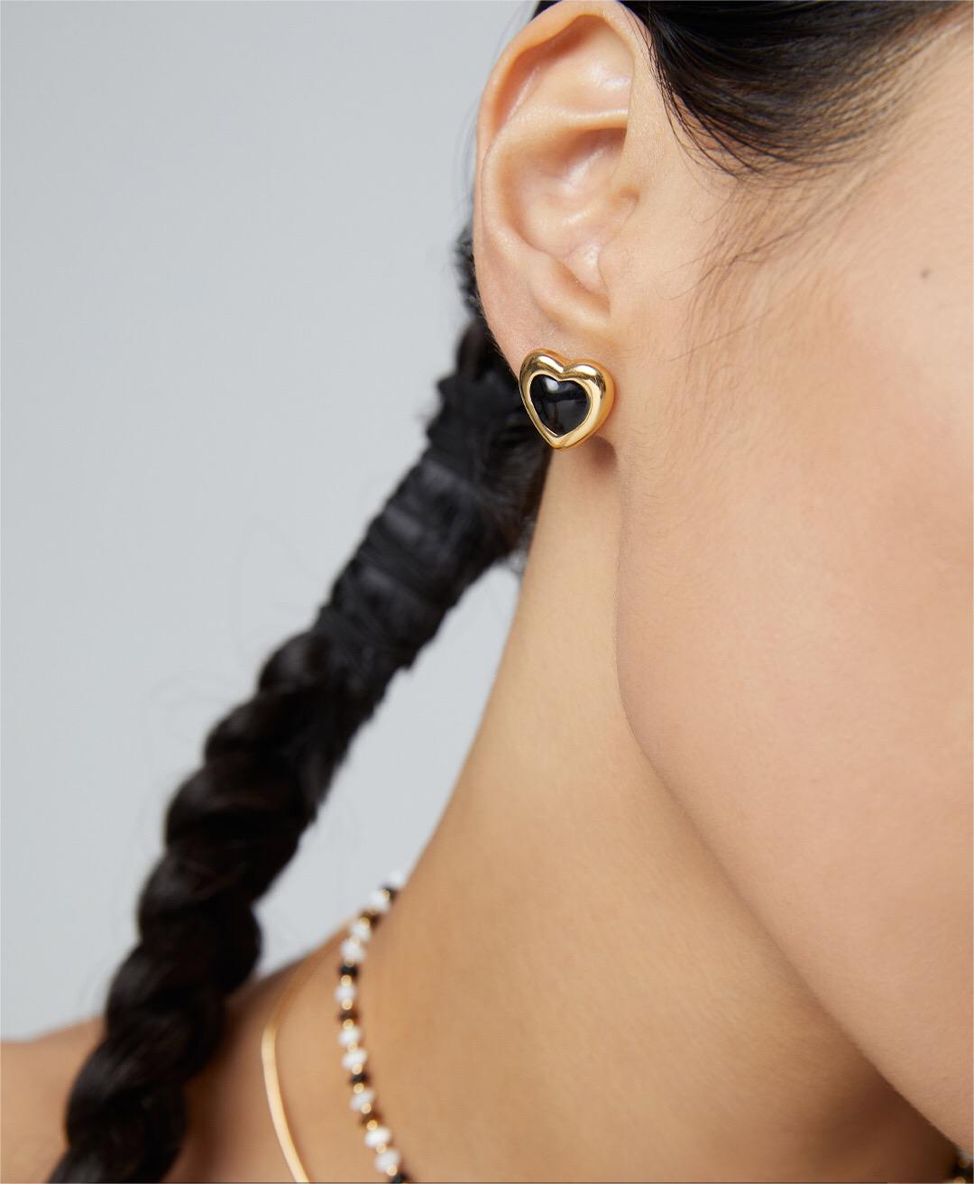 Elegant Black Agate Love Earrings featuring gold vermeil, handcrafted with care, showcasing a sophisticated design.