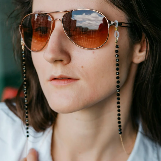 Black Bead Silver Sunglass Lanyard featuring crystal beads and detachable design, perfect for summer reading.