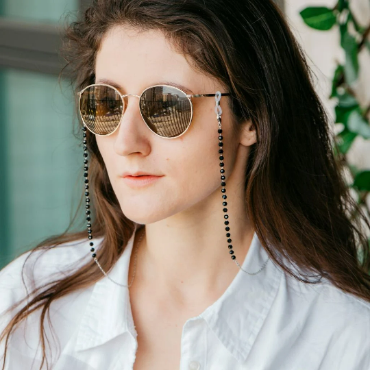 Black Bead Silver Sunglass Lanyard featuring crystal beads and detachable design, perfect for summer reading.