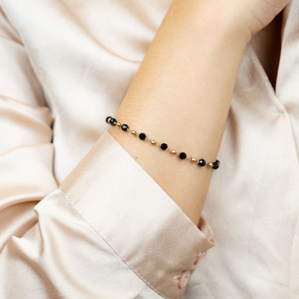 Black Crystal Beads Indian Mangalsutra Beaded Nazaria Bracelet featuring silver and gold plating with adjustable size and elegant design.