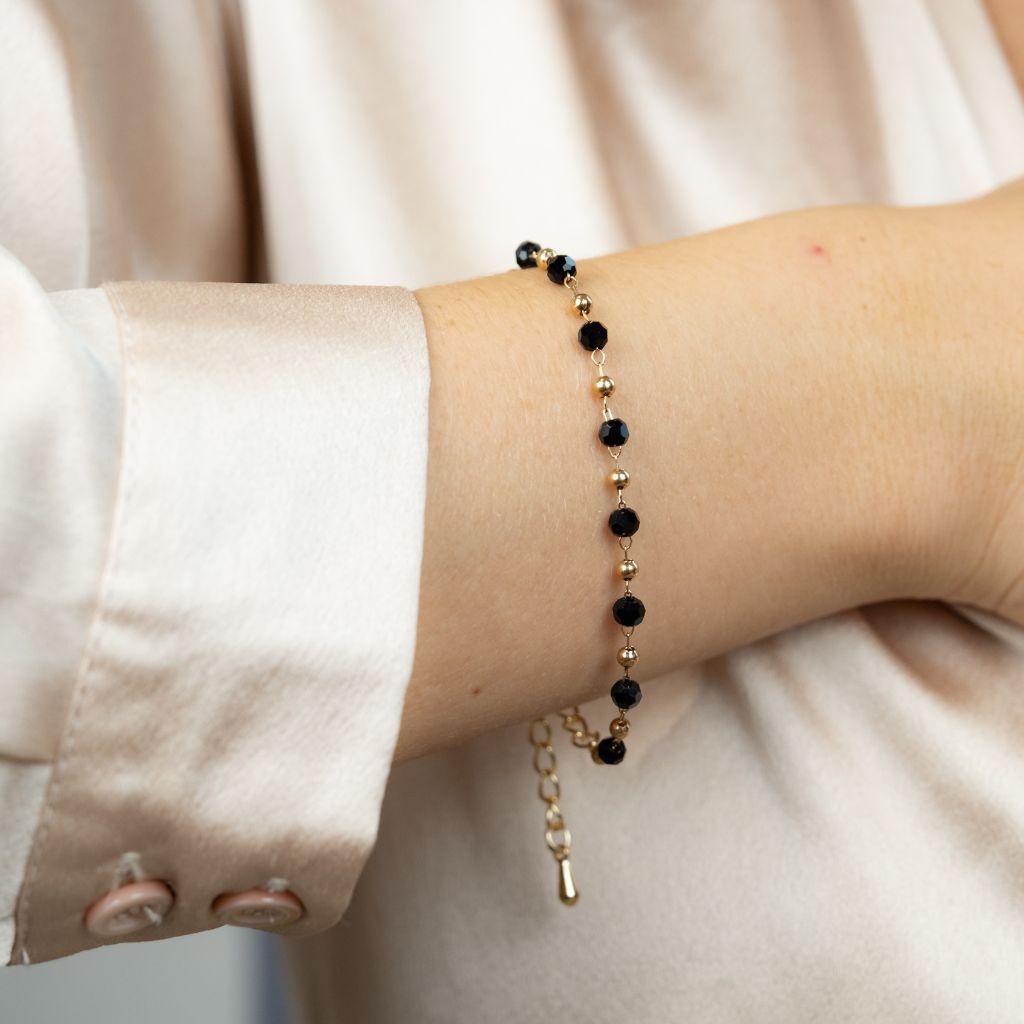 Black Crystal Beads Indian Mangalsutra Beaded Nazaria Bracelet featuring silver and gold plating with adjustable size and elegant design.